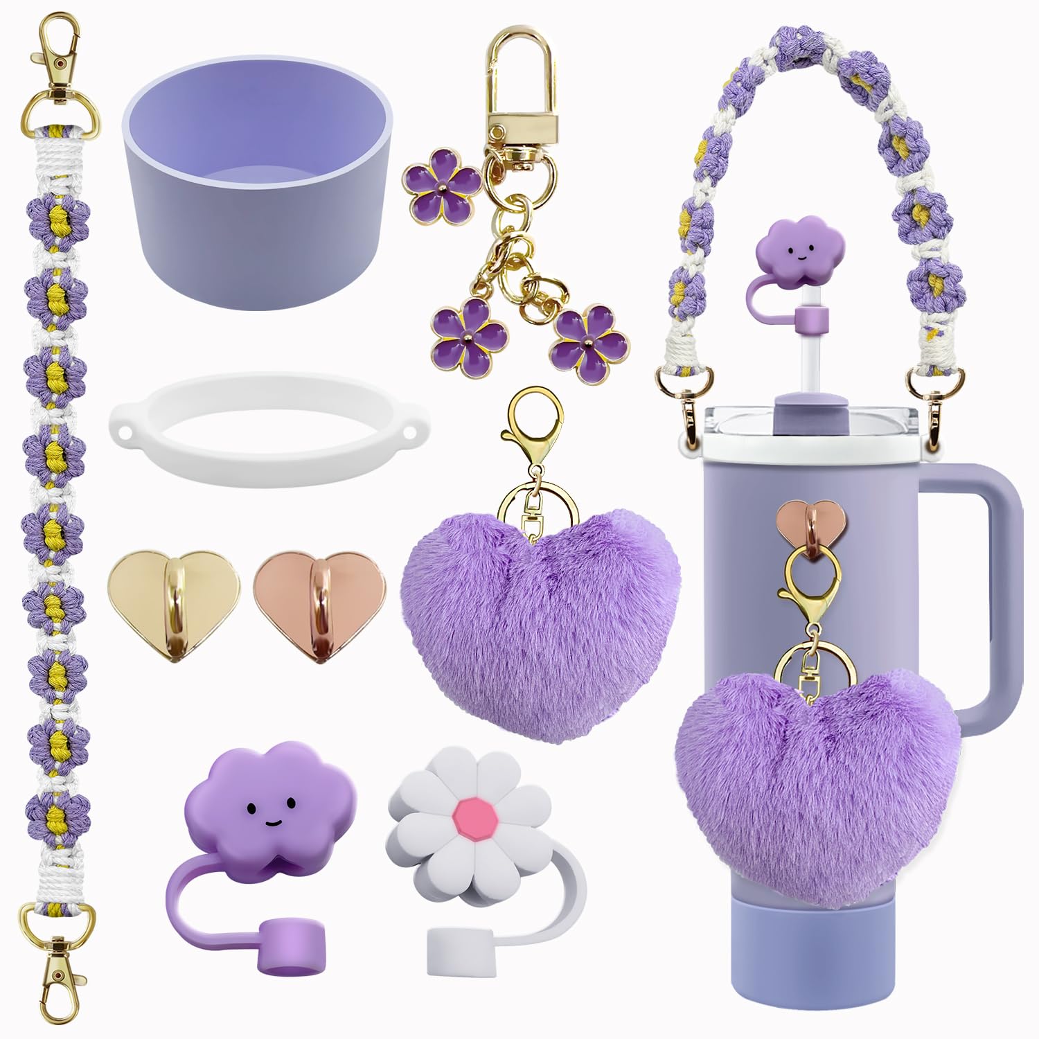 Stanley Tumbler Cup Accessories Set - 20oz, 30oz, 40oz with Silicone Straw Cover, Water Bottle Handle Strap, Charms, Silicone Cup Boot (Purple)
