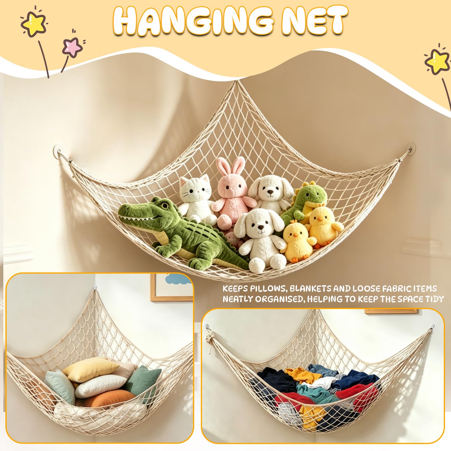 4 Pieces 2M Rangement Peluche Filet Tressé Bohème pour Jouets avec 2 Cordon de Suspension et 2 Hamac de Rangement avec 40 Pinces 4 Vis à Tête pour Rangement Maison