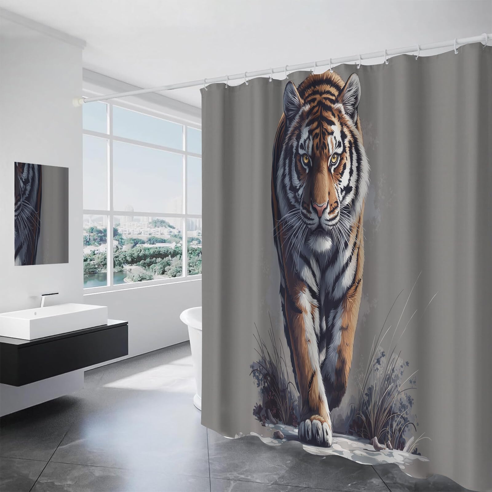 Rideau Douche,Rideau Baignoire Lavable en Machine Rideaux Douche Tissus Lavable Rideau De Baignoire Lavable pour Salle De Bain Domicile Baignoire Famille,Puissant Tigre De Sibérie,