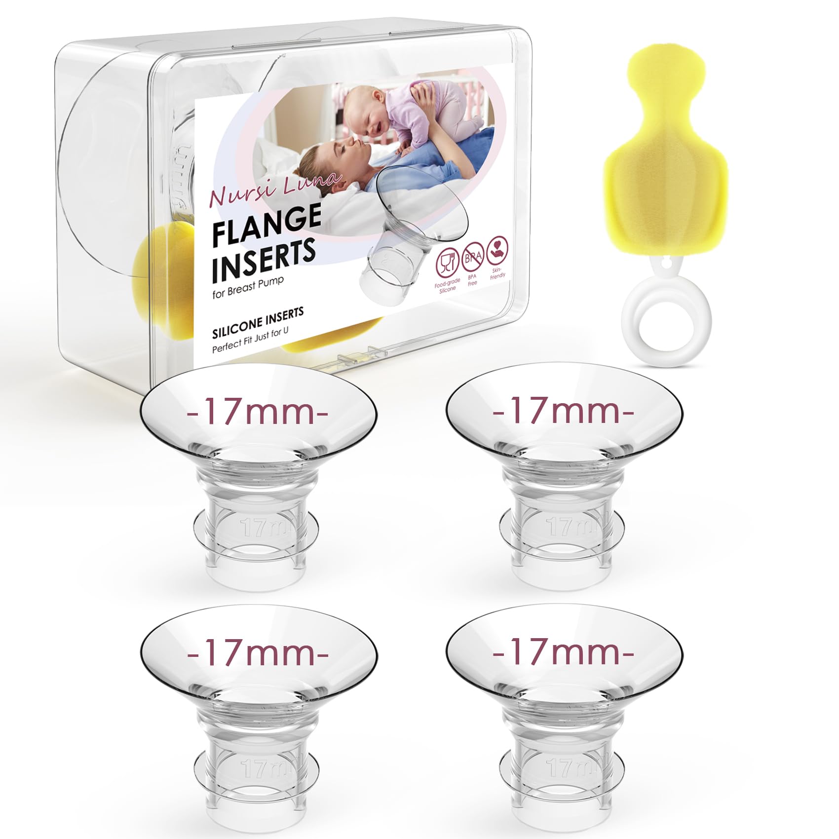 Flange Insert 17mm 4PCS for 24mm Flange/Shield of Most Pumps, Flange Sizing Kit Silicone Breast Pump Flange Insert with Storage Box, Cleaning Brush, Breastfeeding Essentials Kit for Moms