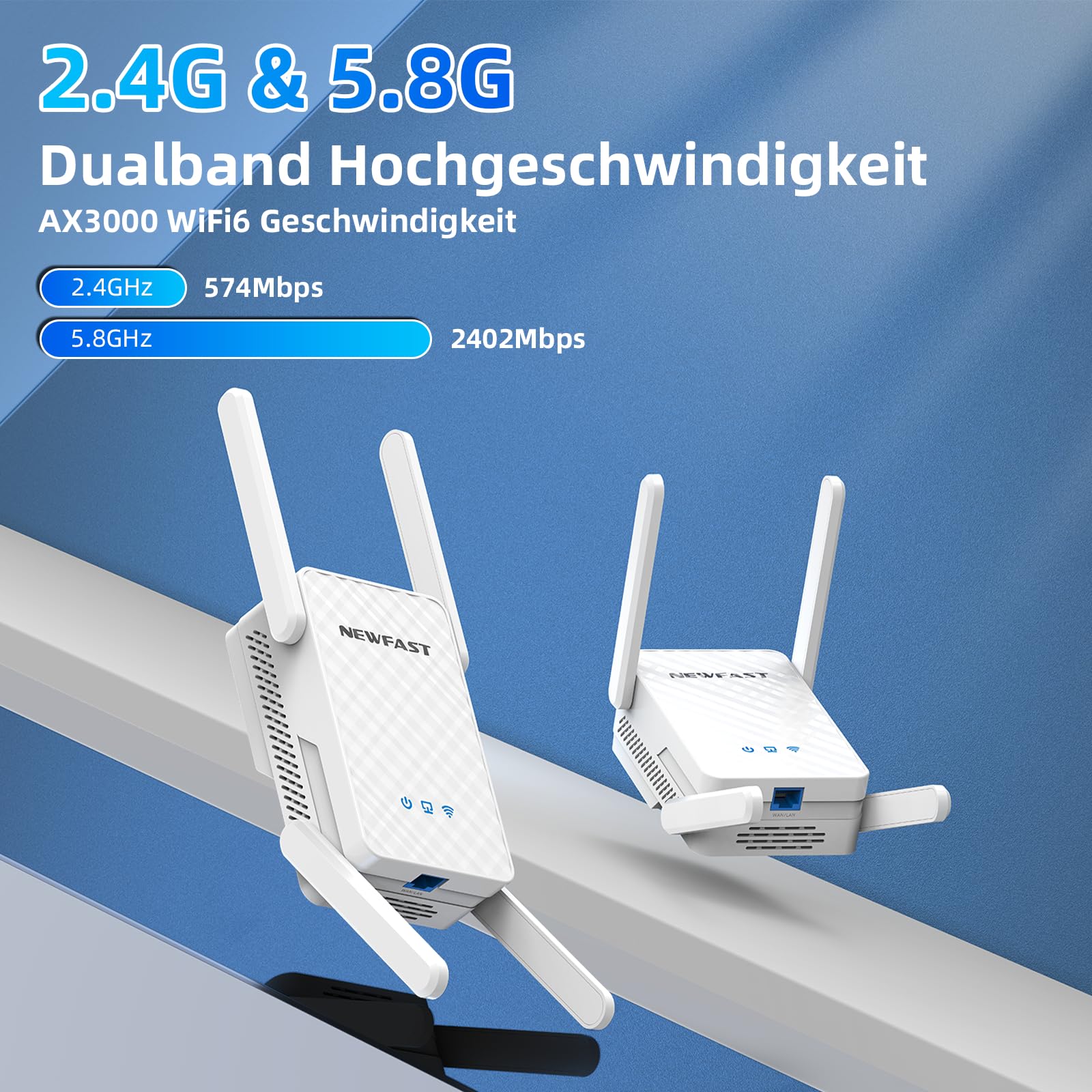 NEWFAST 2026 Neuestes WiFi 6 Extender,3000Mbit/s Dualband WLAN Verstärker | WLAN Repeater mit 4 Schwenkbaren Antennen,WPS,MU-MIMO,Gigabit-Port,Unterstützt Repeater/Router/AP Modus,Signalstabil,Weiß