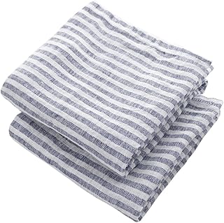 Navy Blue Kitchen Hand Towels – 100% Pure Linen Tea Towels, French Strip...