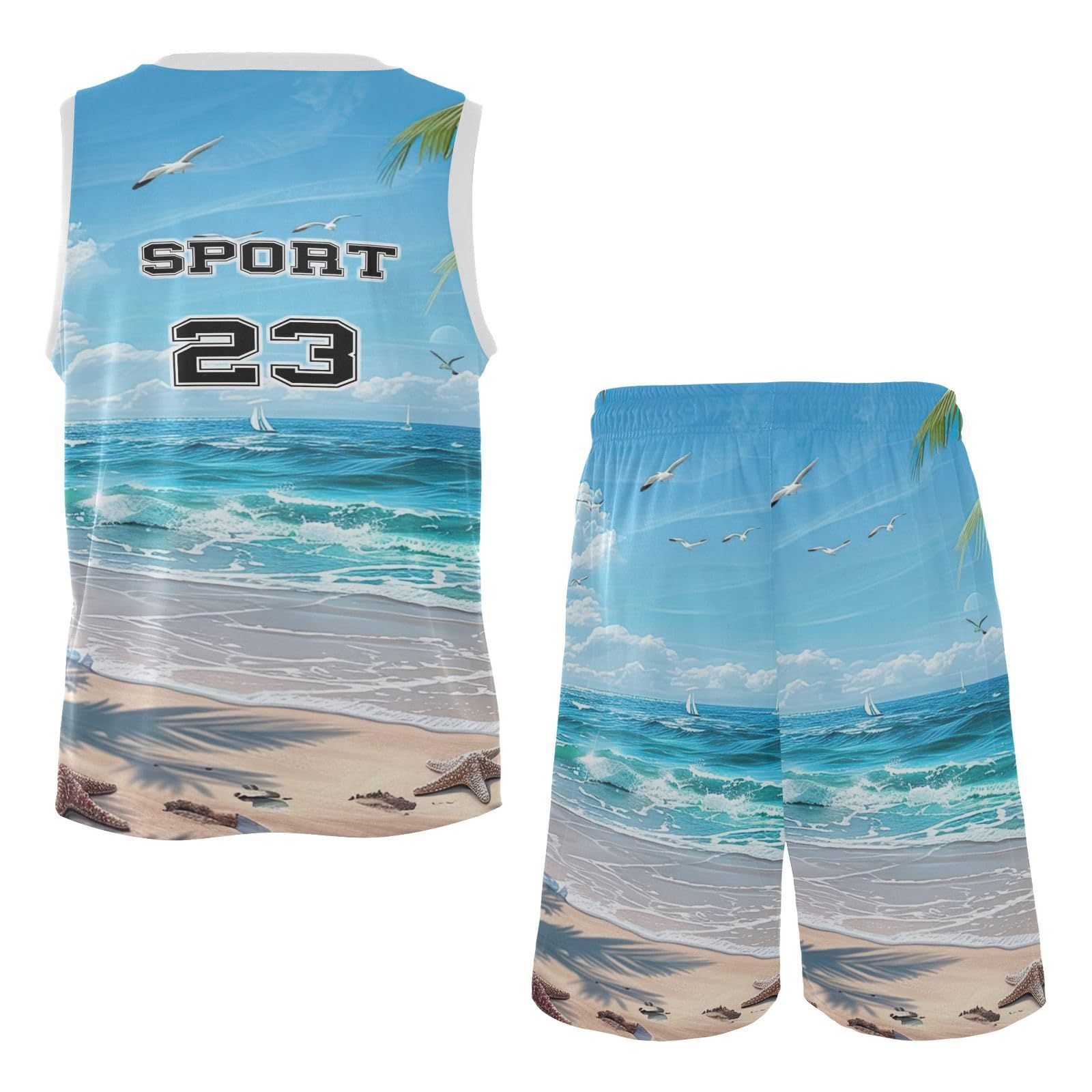 FLildon Beautiful Beach Scene Boys Basketball Jersey Set Tank Top Shorts Tracksuit Sport Training Suit for Kids