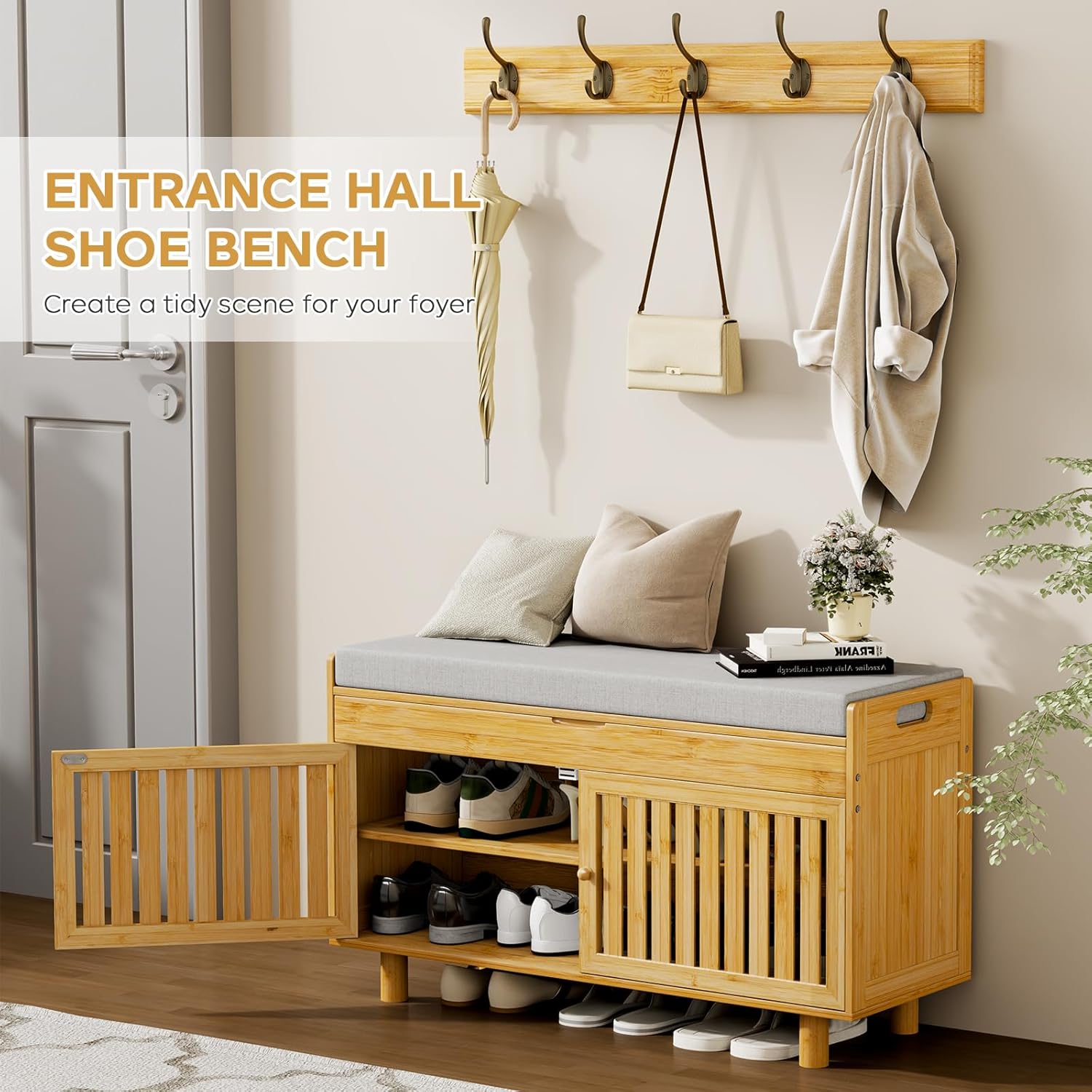 Shoe Storage Bench Coat Rack Set, 35.4" Bamboo Shoes Bench with Lift Top Hidden Storage & Wall Hooks, Hall Tree Entryway Bench with Seat Cushion, 2-Tier Shoe Cabinet for Entryway, Living Room, Bedroom