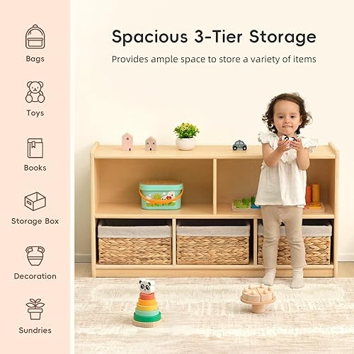 Miniatura 5 de OOOK Gabinete de almacenamiento de madera con 5 compartimentos, estante Montessori para organizadores y almacenamiento de juguetes, organizador de