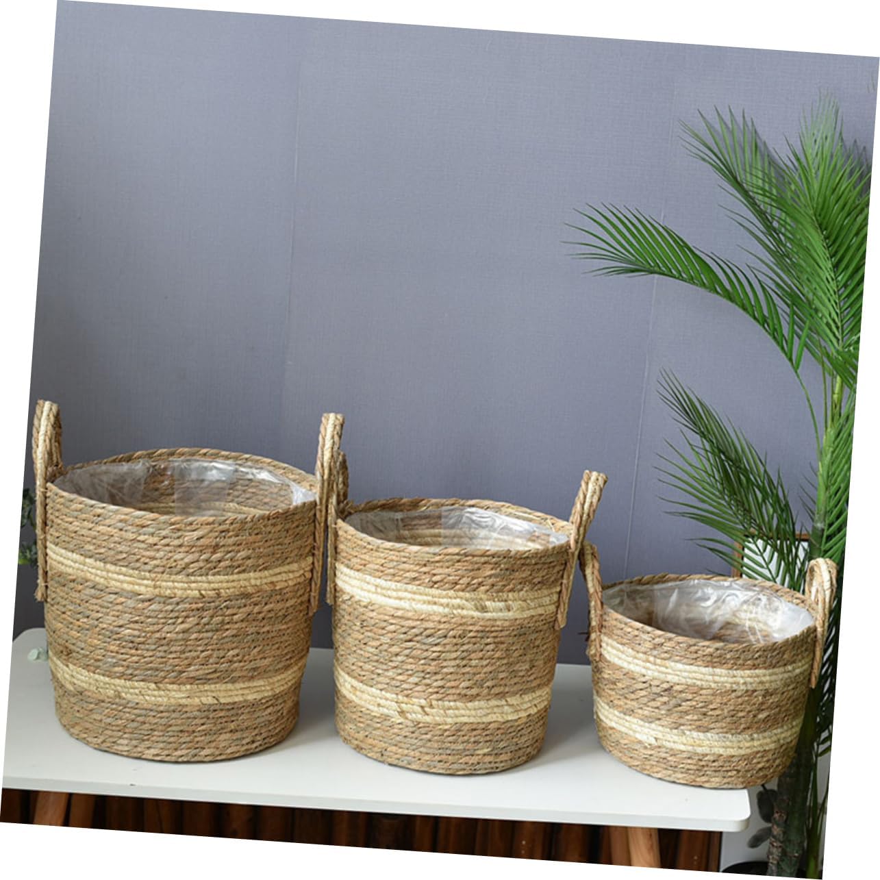 balacoo Straw Woven Storage Basket Handle Hand Woven Container for Home Office and Weddings Elegant Rustic Decor for Organizing Plants Medium