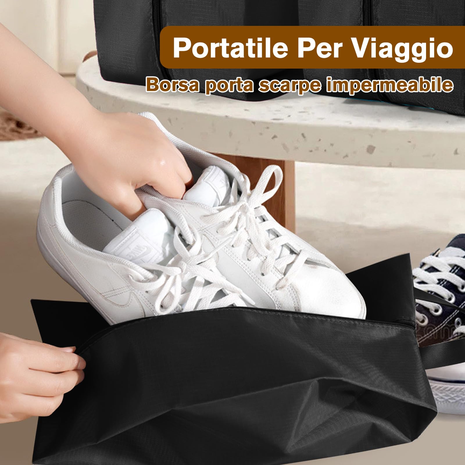 VEGCOO 5 Pezzi Sacchetti Porta Scarpe Impermeabili per Viaggio, 42cm Borse da Viaggio Portatili Unisex con Chiusura a Zip, Organizer per Scarpe per Sport e Vacanze, Nero