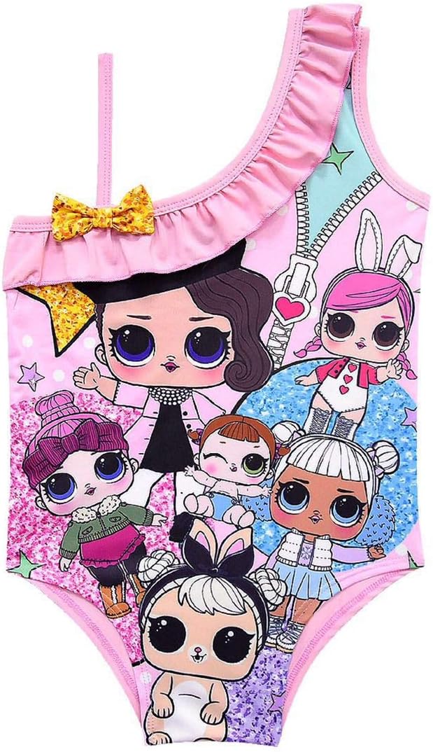 BGIRLS Baby Girls One Piece Swimsuits Doll Print Ruffle One Shoulder Swimwear Bathing Suit Doll Surprised (Pink, 130(8-9y))