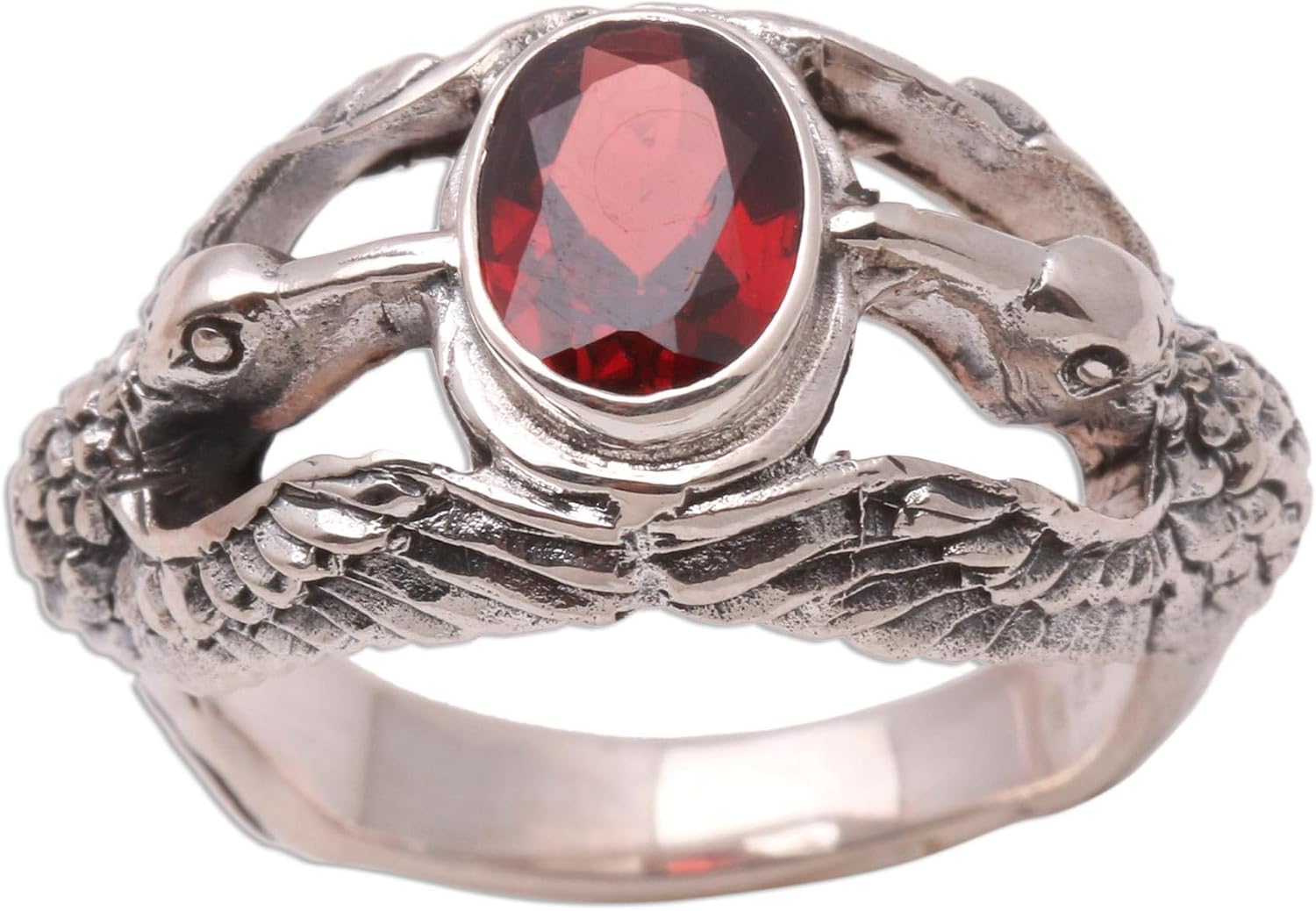NOVICA Artisan Handmade Men's Garnet Ring Indonesian Sterling Silver Red Single Stone Animal Themed Birthstone Bird [crownbezel 0.2 in H x 1 in W x 0.5 in D Band Width 0.2 in W] ' Gift of Peace'