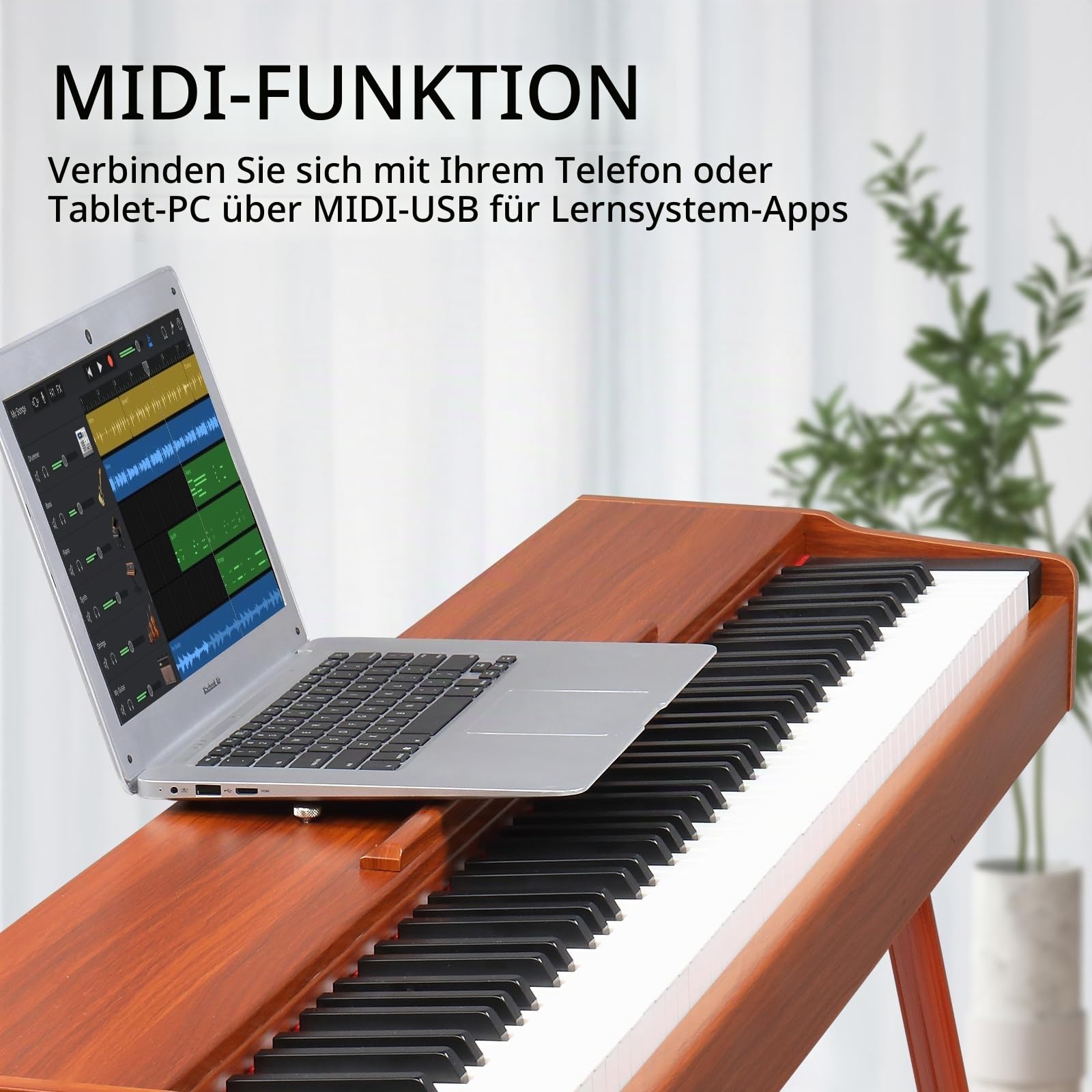 LALAHO E-Piano 88 Tasten Gewichteten, Klavier Digital Piano für Anfänger, Keyboard Piano mit 3 Pedal Einheit, Vierbeinständer, Doppel-Bluetooth, Stereolautsprechern, Rotbraun