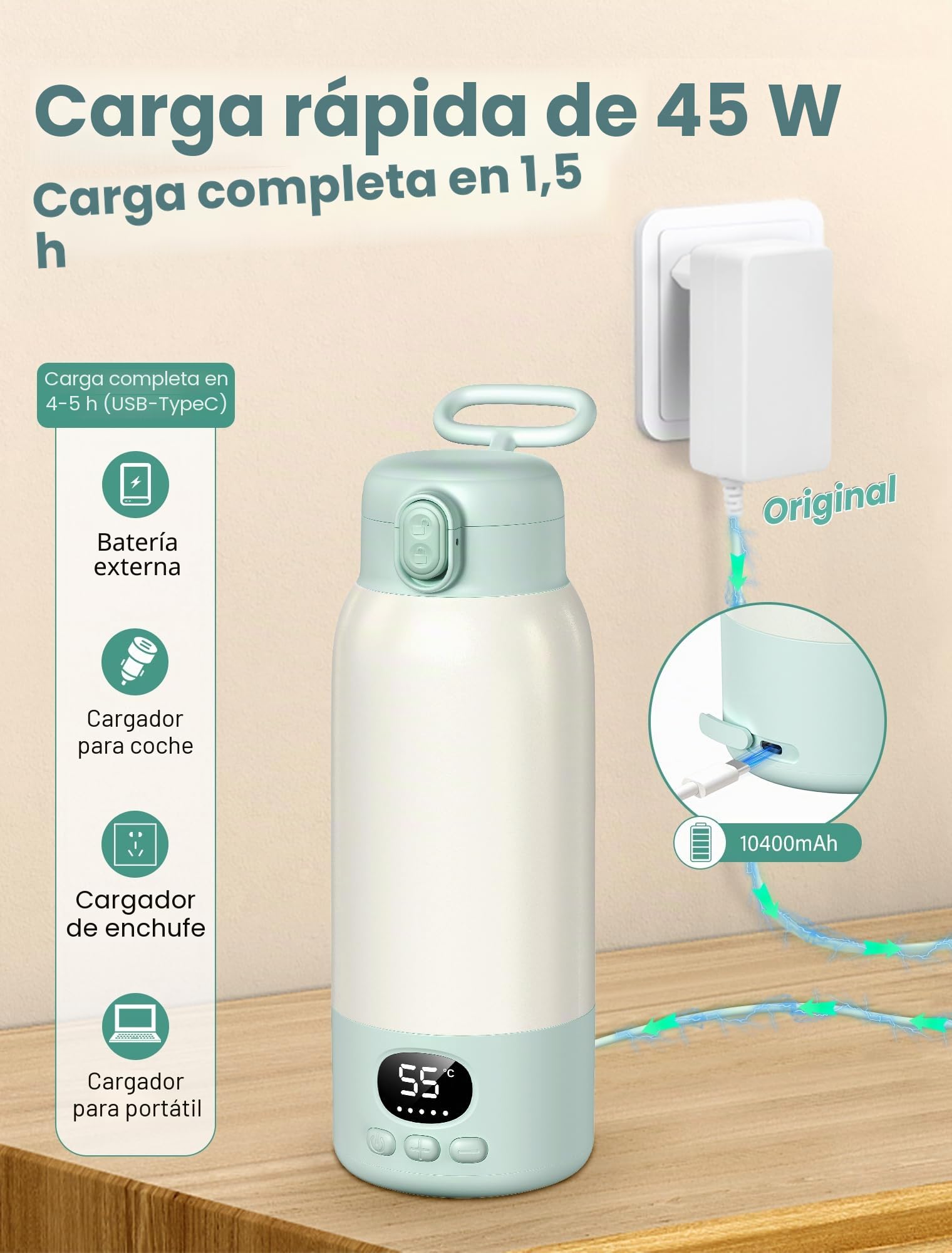 500mL Calienta Biberones Portátil, Calentador de Biberones Portatil， Calentador de Biberones Recargable USB, Batería 10400mAh Carga, Control Preciso, para Coche, Viajes