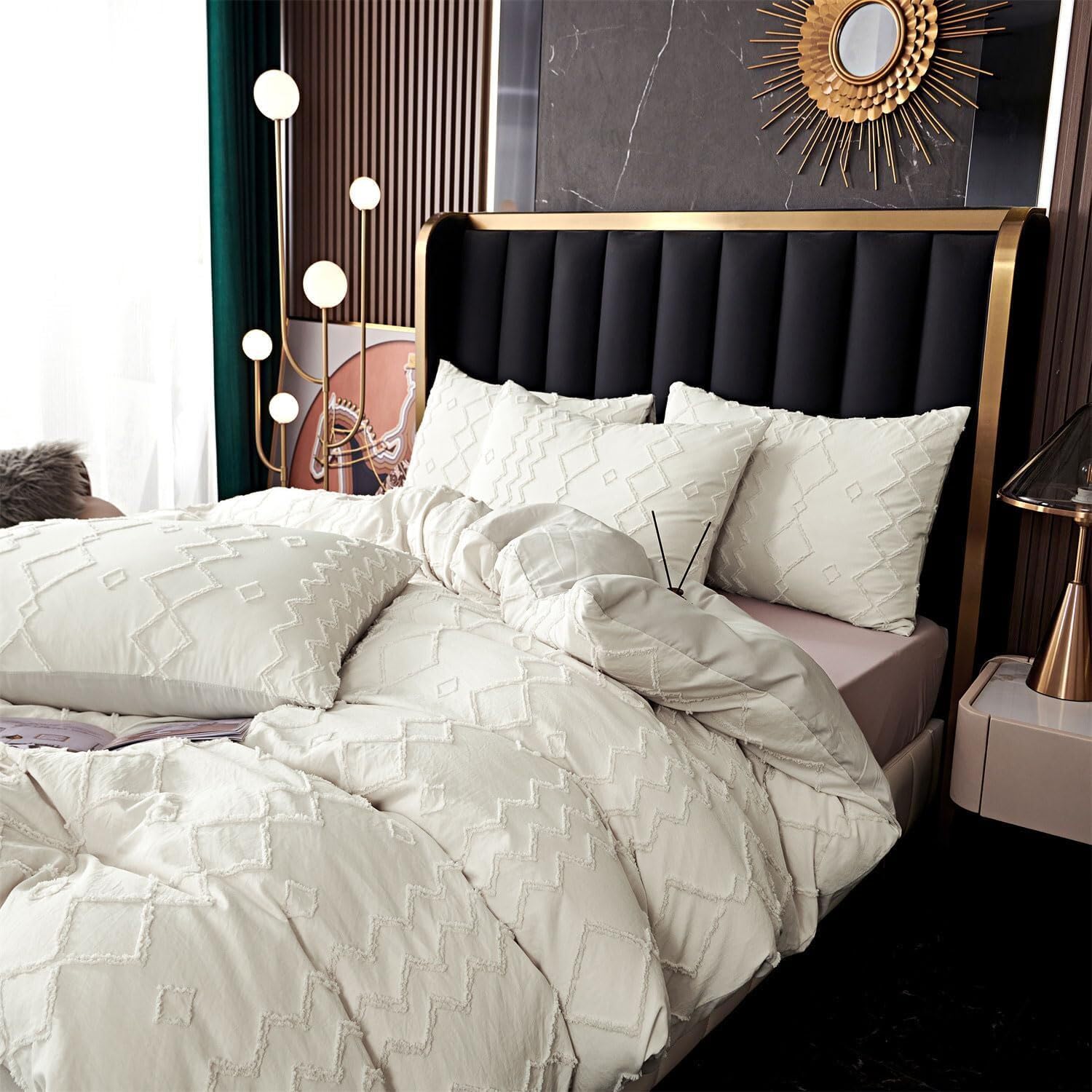 DXHOME Getuft beddengoed, 220 x 240 cm, wit, boho, vintage, geometrisch, omkeerbaar beddengoed, esthetisch borduurwerk, Bohemen dekbedovertrek met ritssluiting en 2 kussenslopen 80 x 80 cm