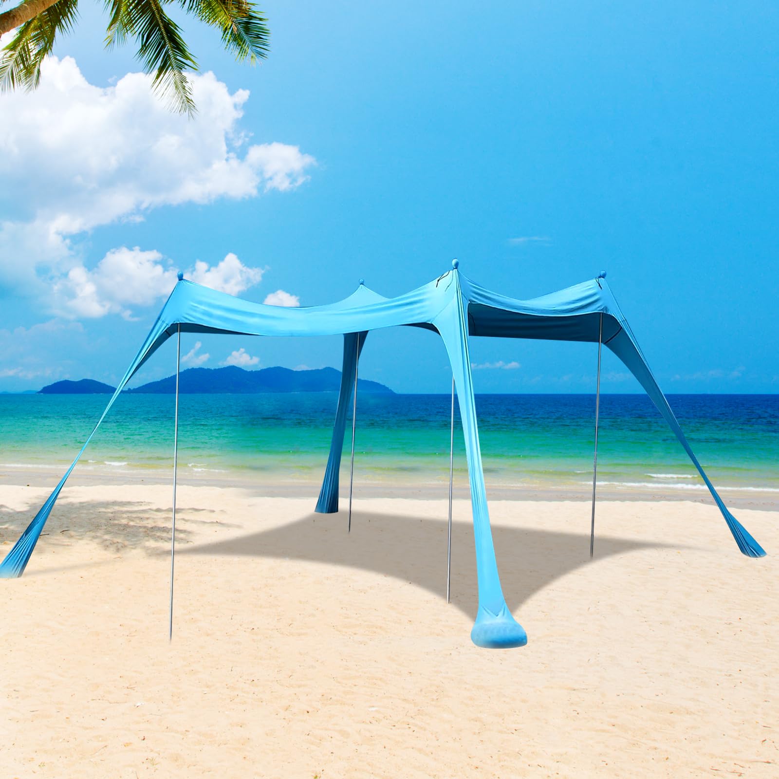 Beach Tent, 10X10Ft Camping Sun Shelter UPF50+ with 4 Sandbags, Stability Poles,Sky Blue Outdoor Shade Beach Canopy for Camping Trips, Fishing, Backyard Fun or Picnics