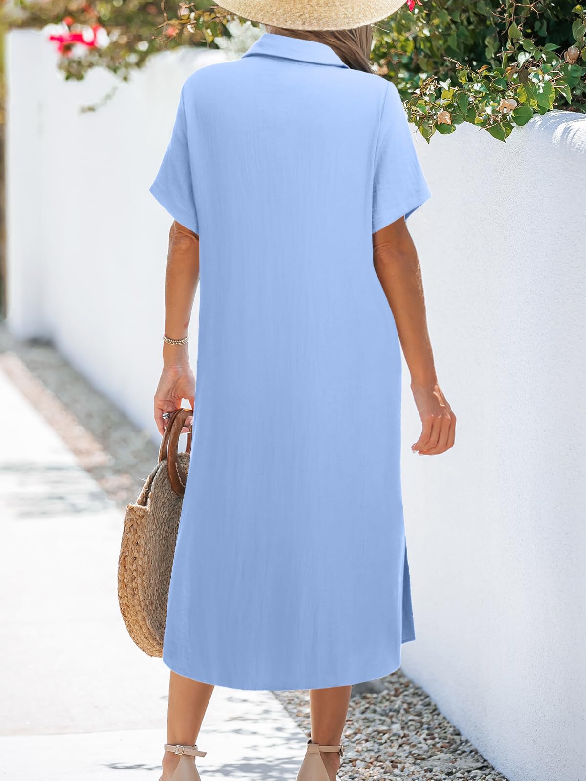 Zeagoo Vestidos de verano casuales de manga corta con botones para mujer, vestidos de playa con bolsillos