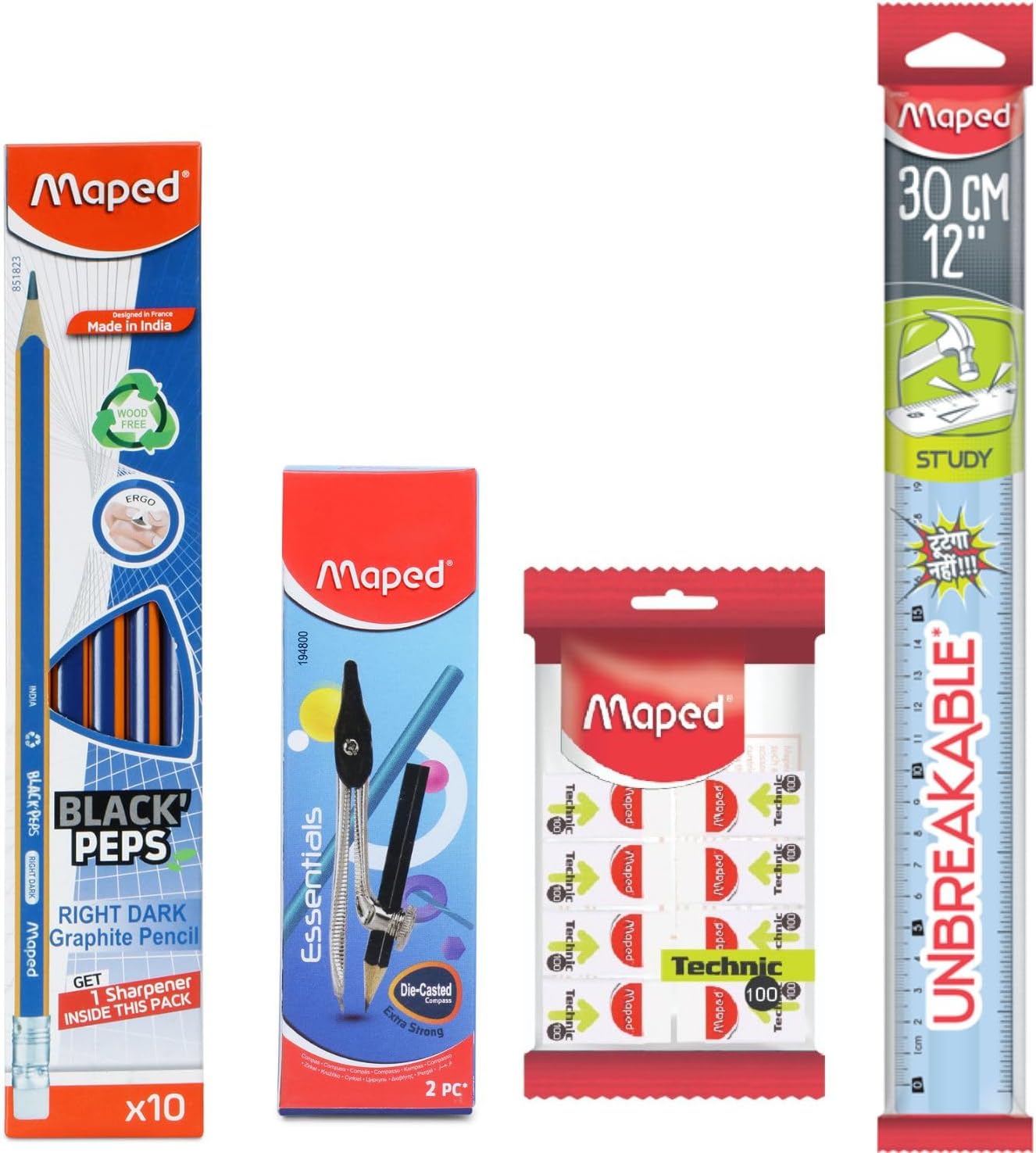Maped Basic Stationery Kit|Essential School Stationery|10 EraserTip Pencil; 8 Dustfree Eraser; 1Unbreakable Scale & 1 DieCasted Compass with HS Pencil|Return gifts for Kids|Gift Set for Kid & Students