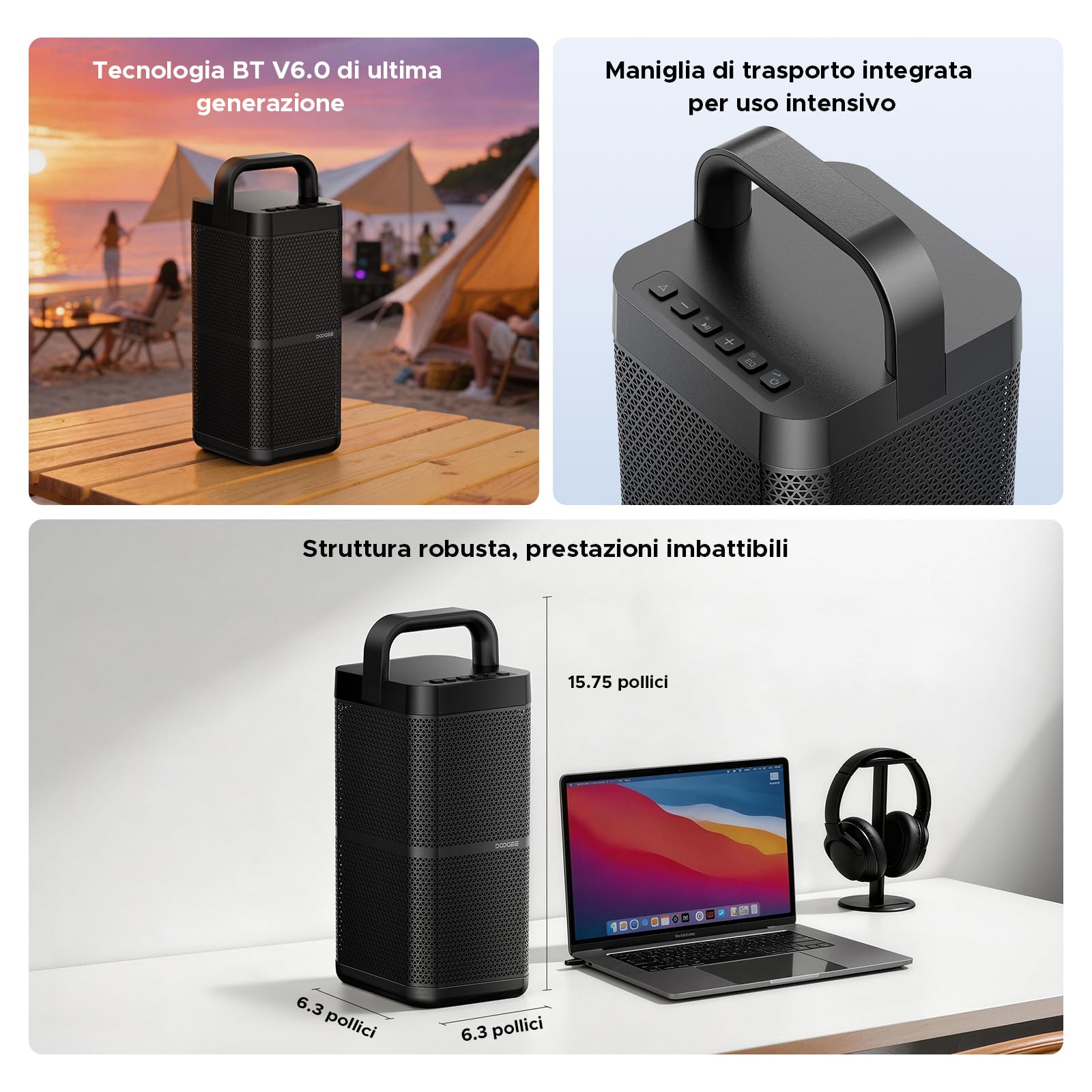 Tough Block Pro Cassa Musica Portatile, Cassa Con Microfono Portatile, Altoparlante Resistente, Audio Potente, Batteria Lunga Durata per Esterno, Viaggi, Feste, Uso Domestico - Nero