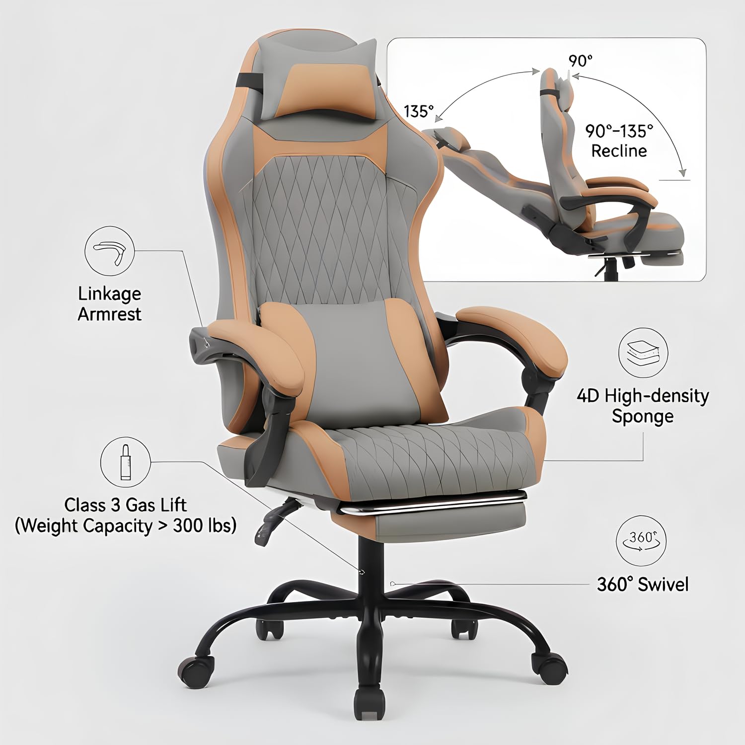 Taikonaut Gamingstuhl, Bürostuhl, ergonomischer Schreibtischstuhl aus Protein-Leder, mit Fußstütze, 135 Grad Liegefunktion, 360 Grad Drehstuhl, Stahlfuß, leise Rollen, Kopf- und Lendenkissen