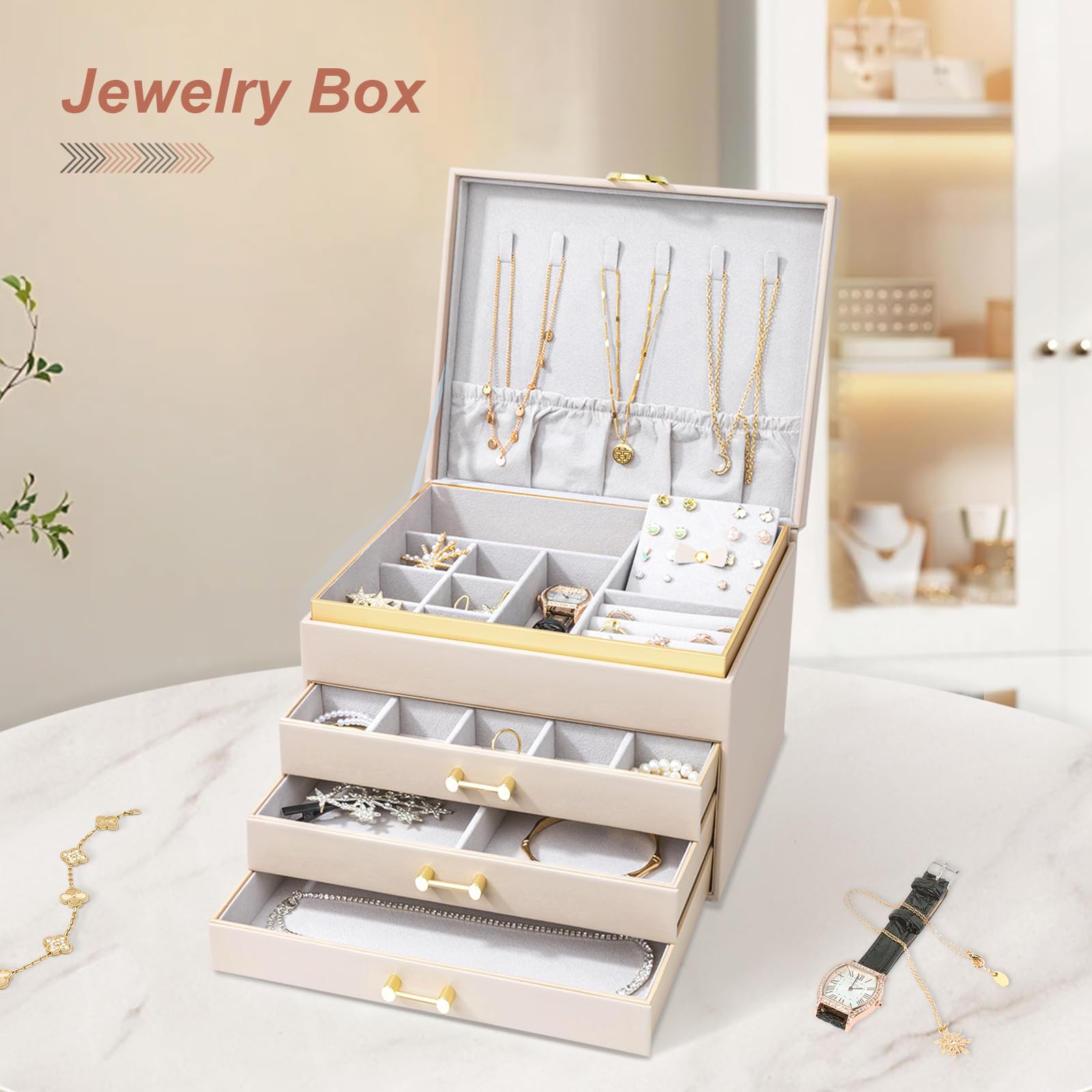 Schmuckschatulle für Damen und Mädchen, 4-lagig, große Schmuckschatullen mit 3 Schubladen, Schmuck-Aufbewahrungsbox für Ohrringe, Armbänder, Halsketten