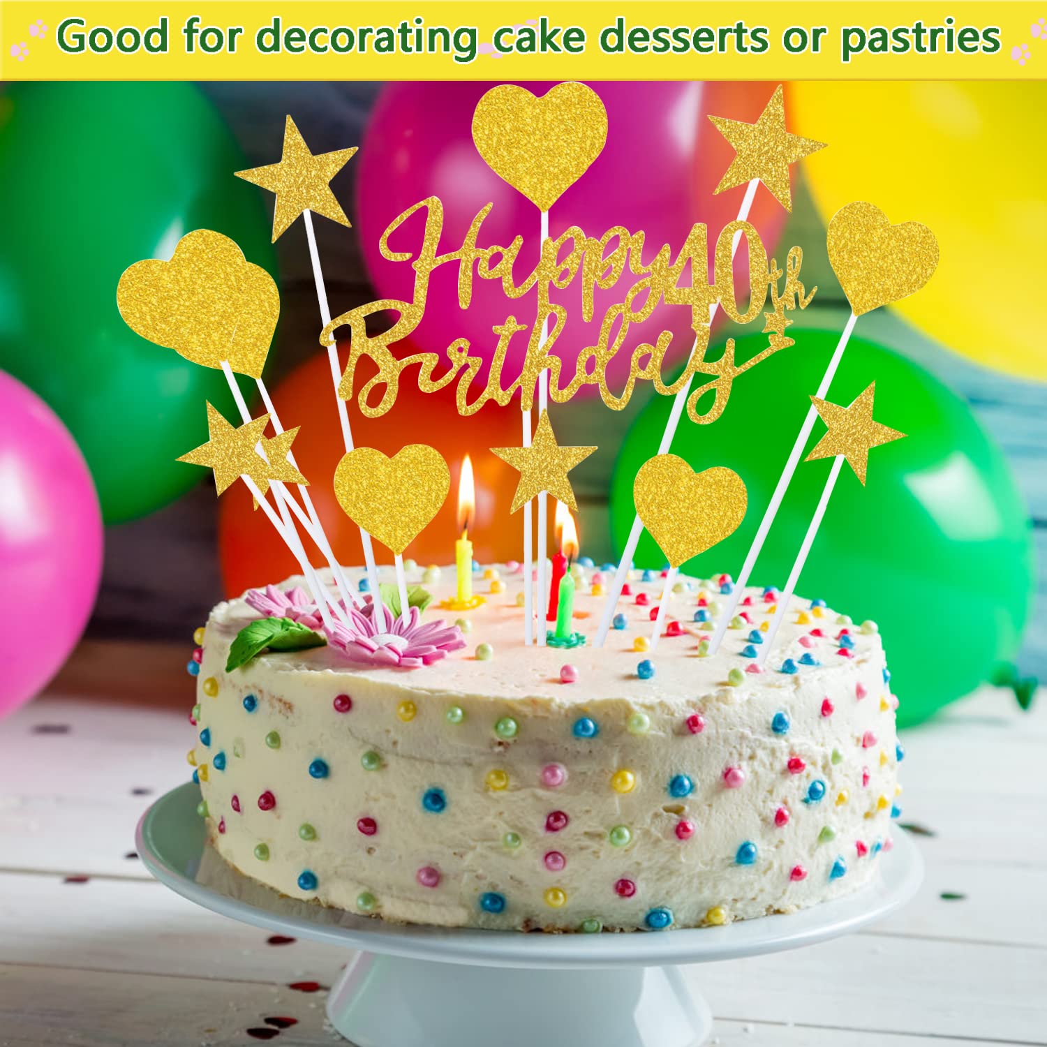 Topper Torta 40&deg; Compleanno - 7 Decorazioni Glitterate Oro Per Torte E Cupcake