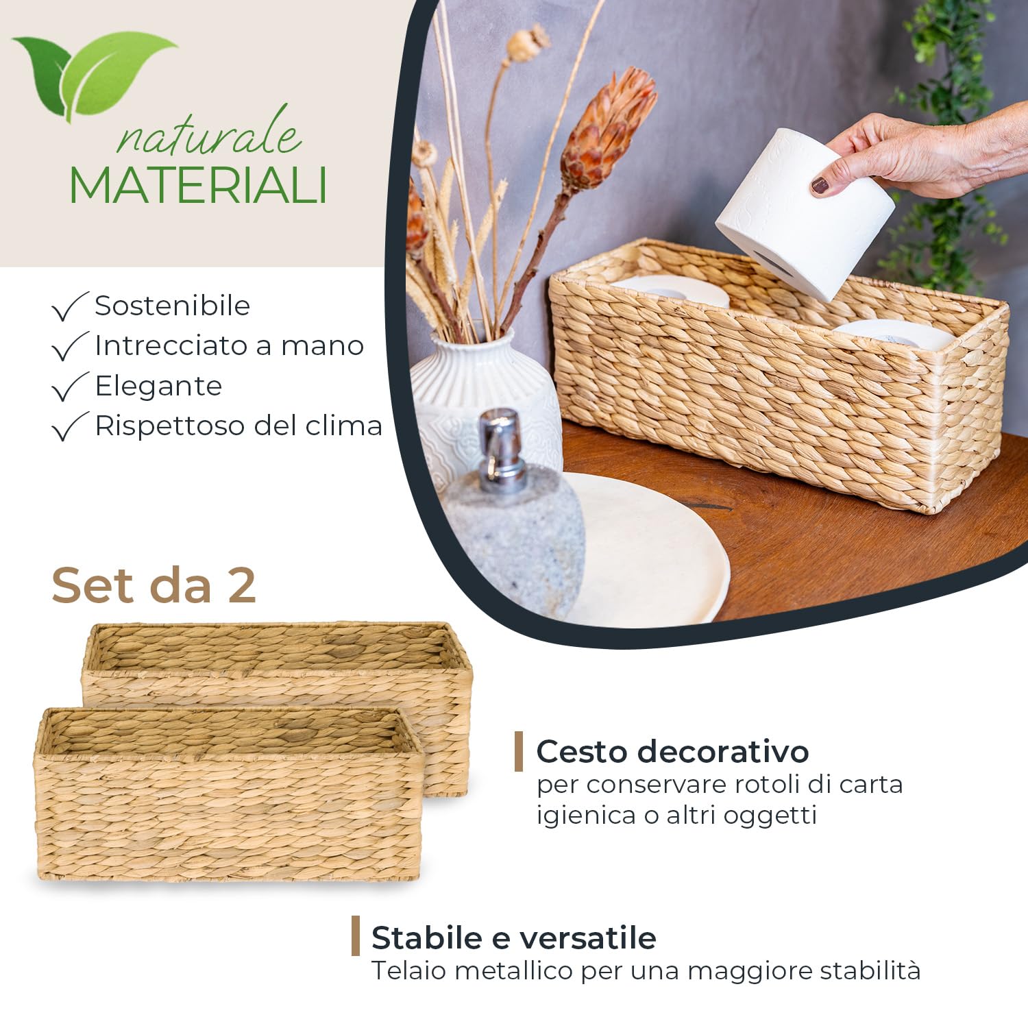 HMF Cesto portaoggetti adatto per KALLAX mezzo scomparto, cesto intrecciato in giacinto d’acqua per bagno, cucina e zona giorno | Set da 2 | 38 x 15 x 14 cm | Naturale