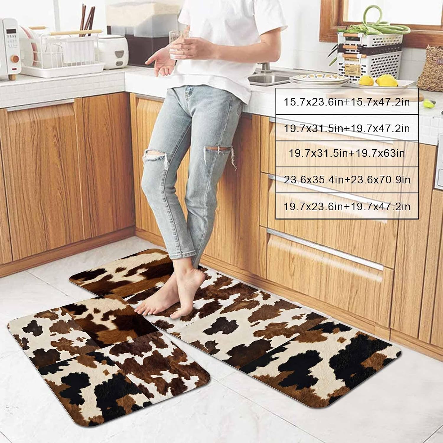 Prime Leader Cowhide Kitchen Mat Set 2 Pieces Cow Skin Texture Abstract Countryside Western Non Slip Kitchen Rugs Washable Runner Rug Mats for Sink Laundry (19.7" x 31.5"+19.7" x 47.2")