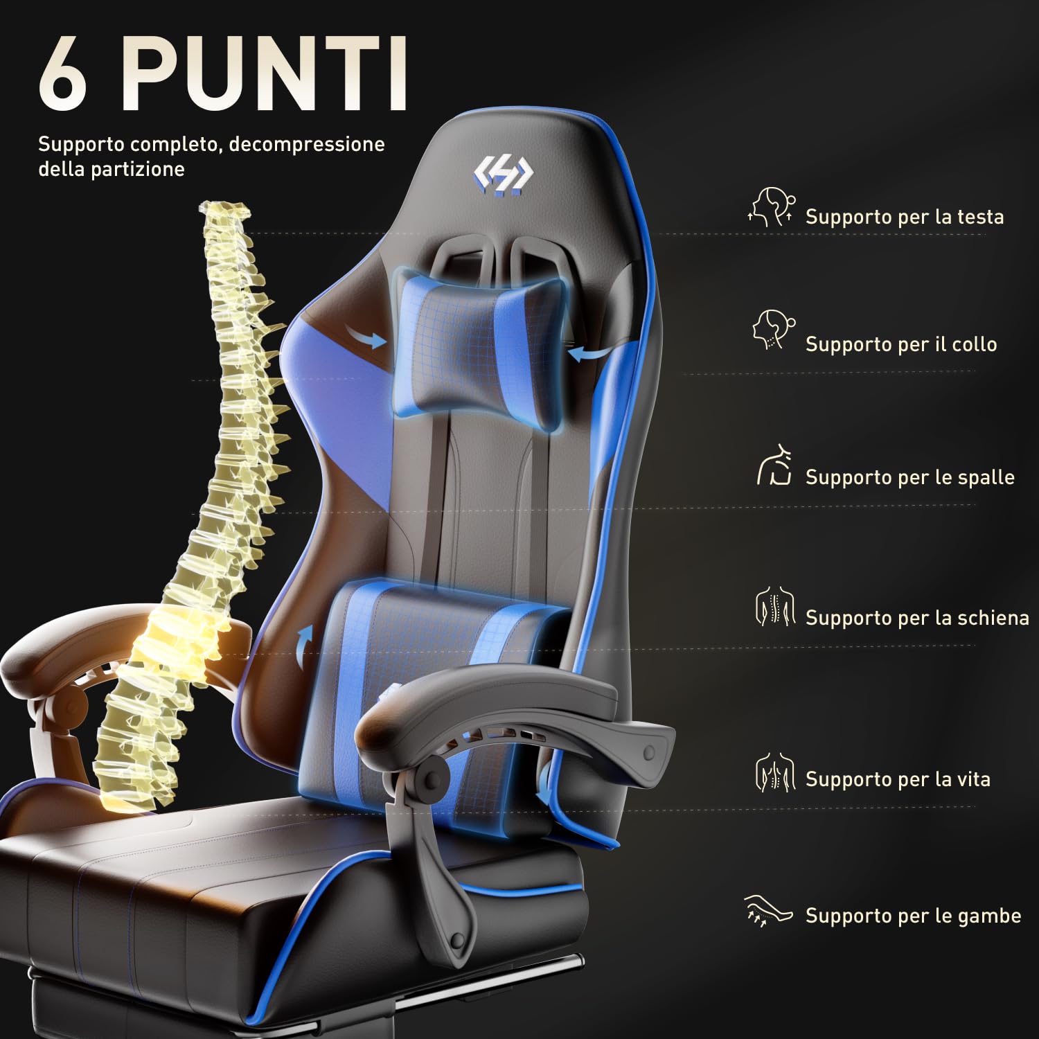 HLFURNIEU Sedia Gaming Ergonomica, Sedia Gamer con Poggiatesta e Poggiapiedi Telescopico, Poltrona Gaming con Supporto Lombare, Schienale Regolabile 90°-135°, Nero e Blu