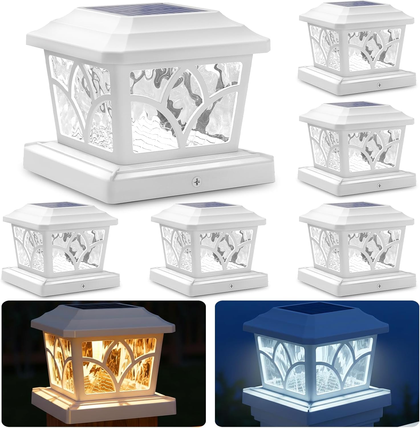 SIEDiNLAR Solar Post Cap Lights Outdoor 4 Modes 40 LEDs Aluminum Glass Fence Post Light for 4x4 5x5 6x6 Vinyl Wooden Posts Deck Patio Decor, Warm White & Cool White Dynamic Lighting White (6 Pack)