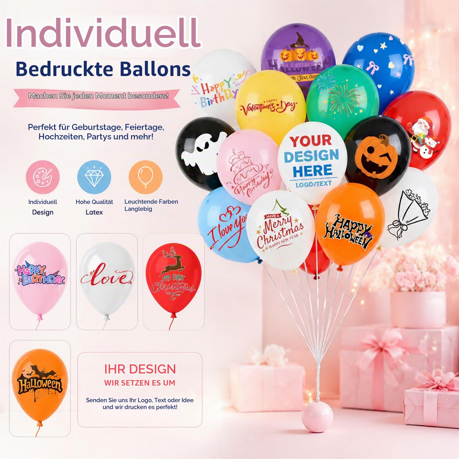 Personalisierte Luftballons mit Logo/Text bedrucken, Latex Heliumballons 12 Zoll, 100 200 500 Stück Deko, Ideal für Geburtstagsdeko, Hochzeit, Babyparty, Jubiläum (500)