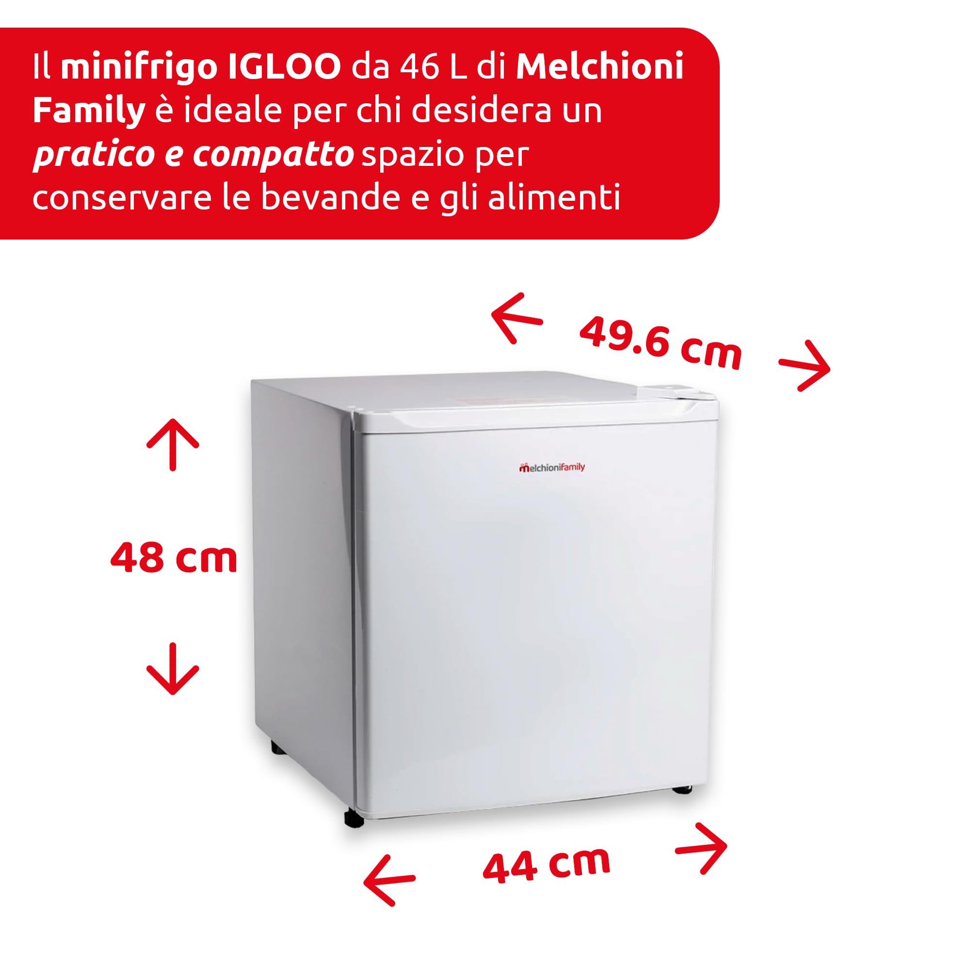 Melchioni Family IGLOO, Mini frigo da 46 L, Compressore e Scomparto Extra Freddo, Frigorifero piccolo portatile da ufficio, Minibar da camera, Silenzioso, Classe di efficienza energetica E