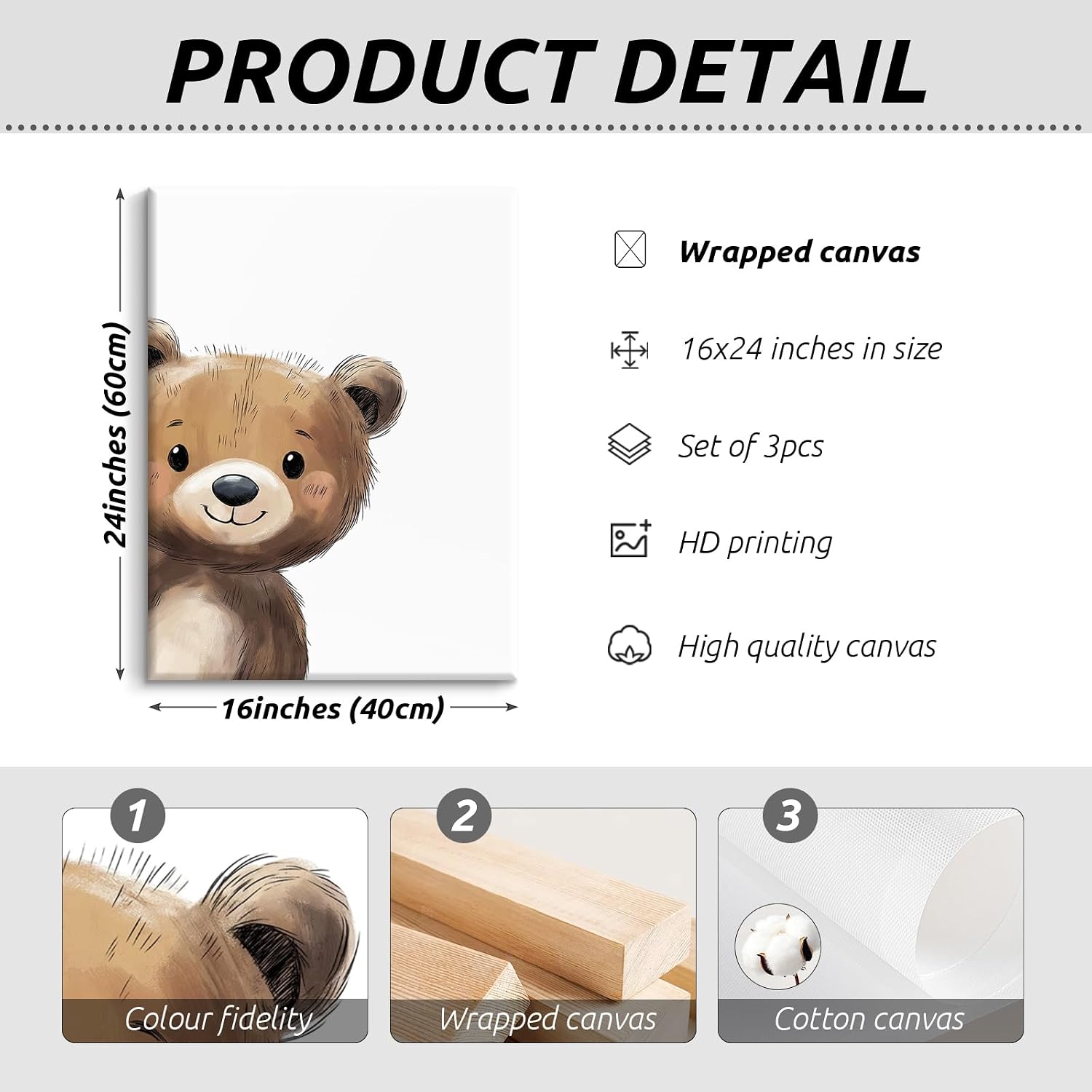 Bear Nursery Wall Art Decor Kids Canvas Poster Baby Boy Nursery Wall Decor Woodland Animal Pictures Teddy Peeking Bear Prints Cute Brown Painting Neutral Artwork Bedroom 16x24x3 Inch Ready to Hang