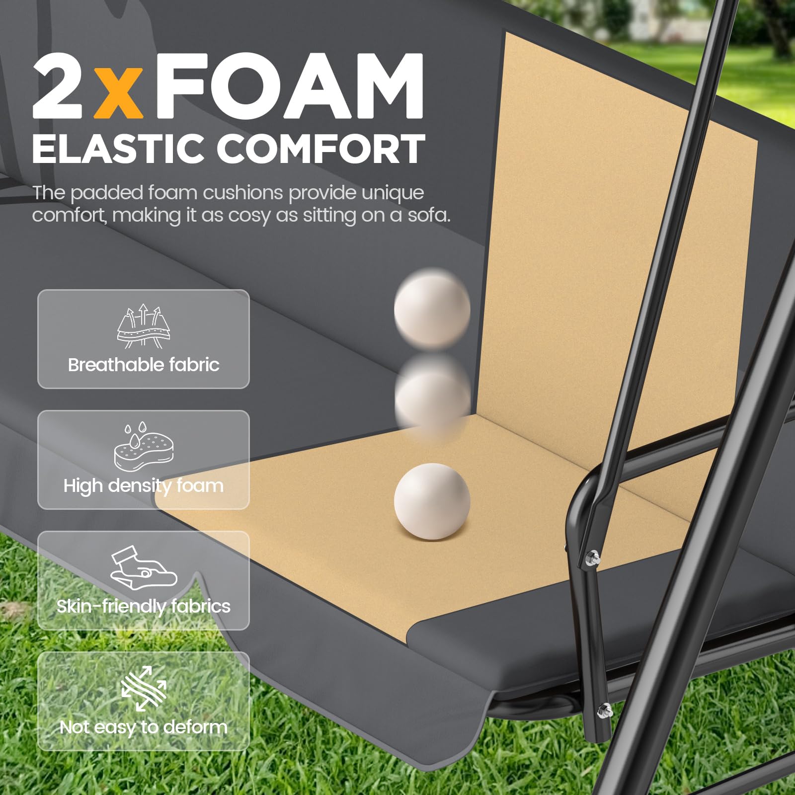 Gartenschaukel Hollywoodschaukel 3-Sitzer mit Verstellbarem Sonnendach｜Schaukelbank Ergonomisches Wetterfest｜Gartenliege Schaukelbank Ideal für Garten und Terrasse, einfache Montage｜Beige