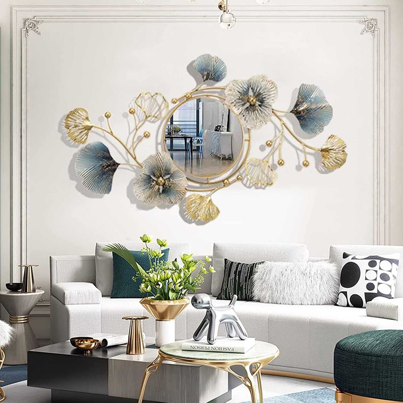 Grande Specchio Montato a Parete, Design Foglia di Ginkgo in Metallo, Specchio da Parete Decorativo per Camera da Letto, Soggiorno, Bagno, Vanità, Ingresso - Elegante Accento per la Casa