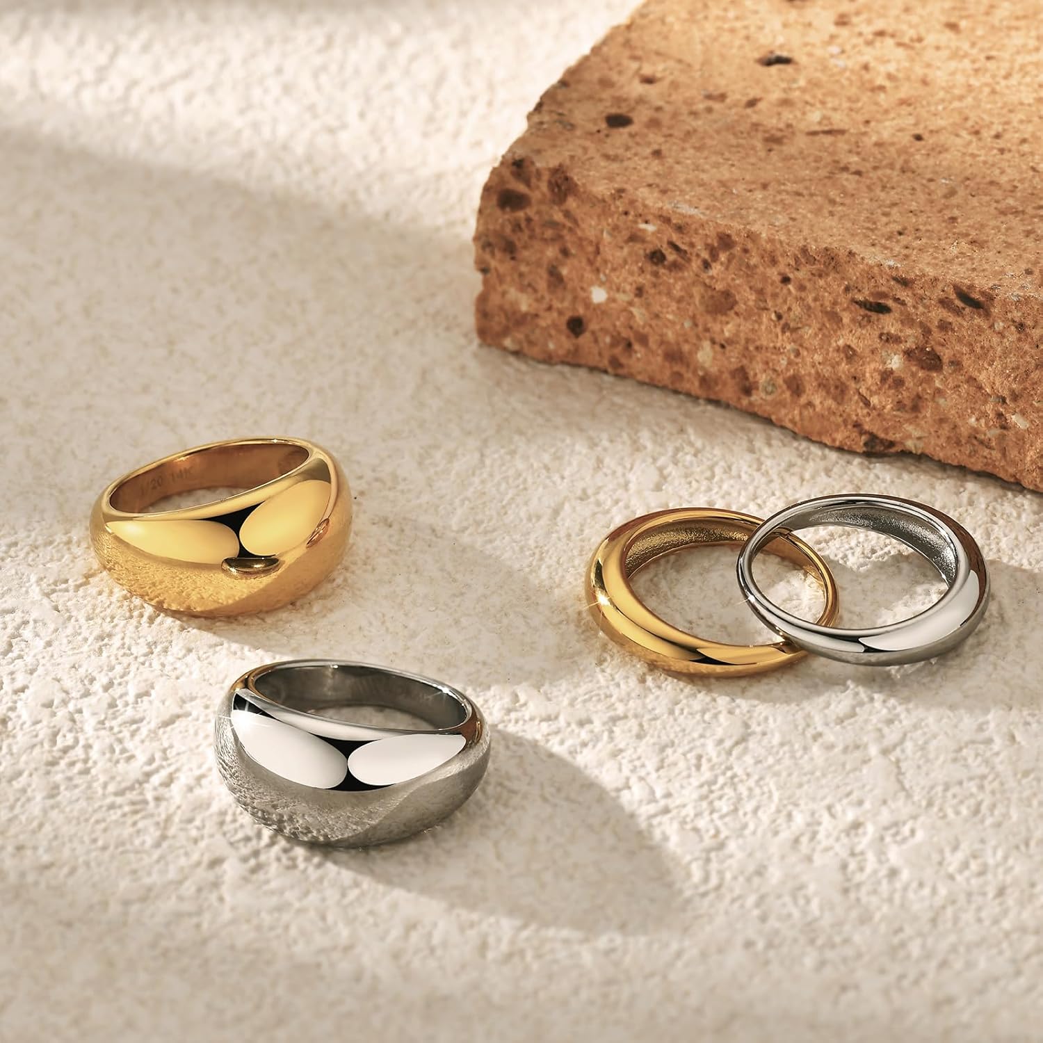 NOKMIT Chunky Dome Rings for Women Dainty 14K Gold Silver Tone Cute Bold Dome Statement Ring Thick Minimalist Thumb Band High Polished Smooth Comfort Fit Size 5-10 - Image 2