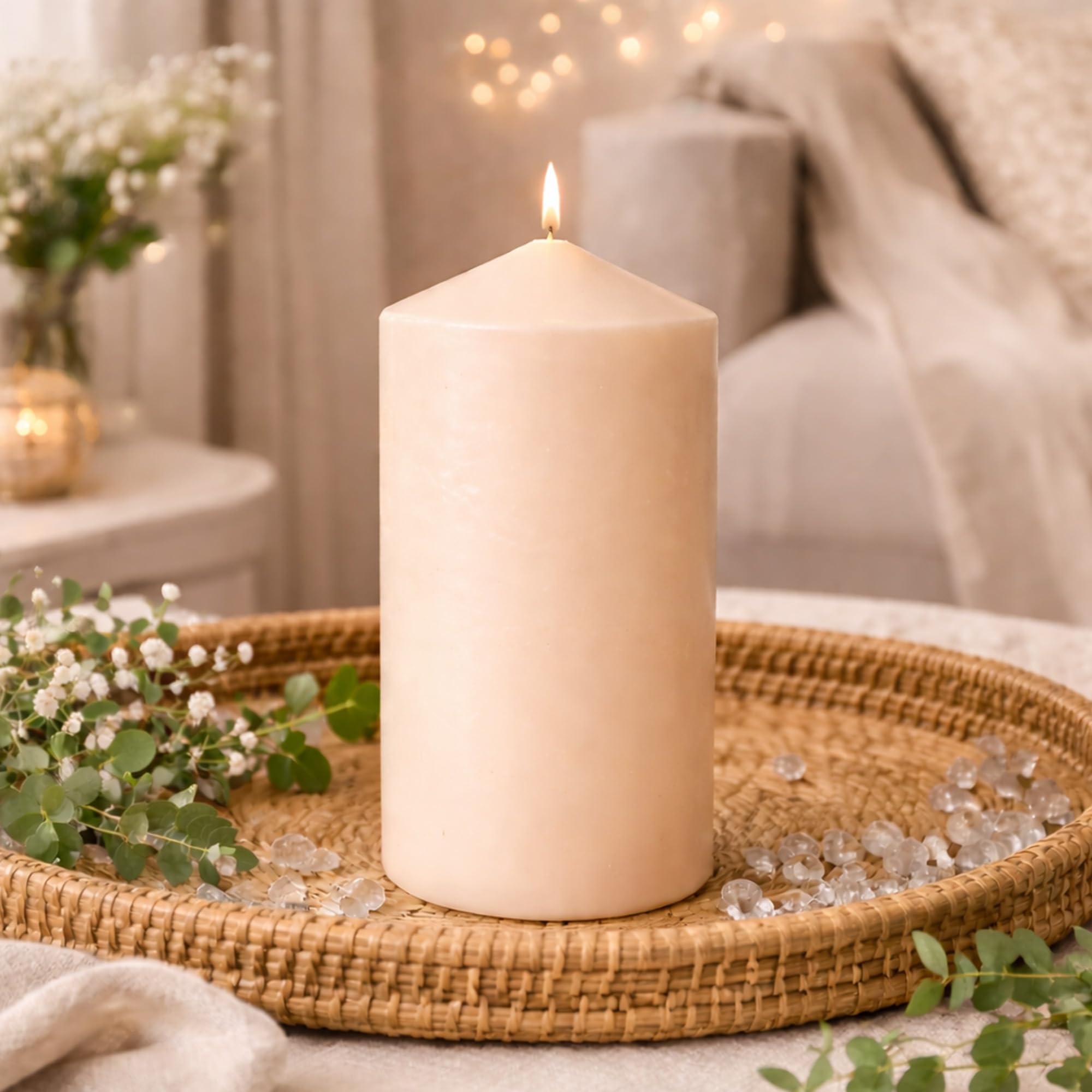 HS Candle 4er Pack Stumpenkerze Beige, Ø7x15cm, ca. 50h Brenndauer