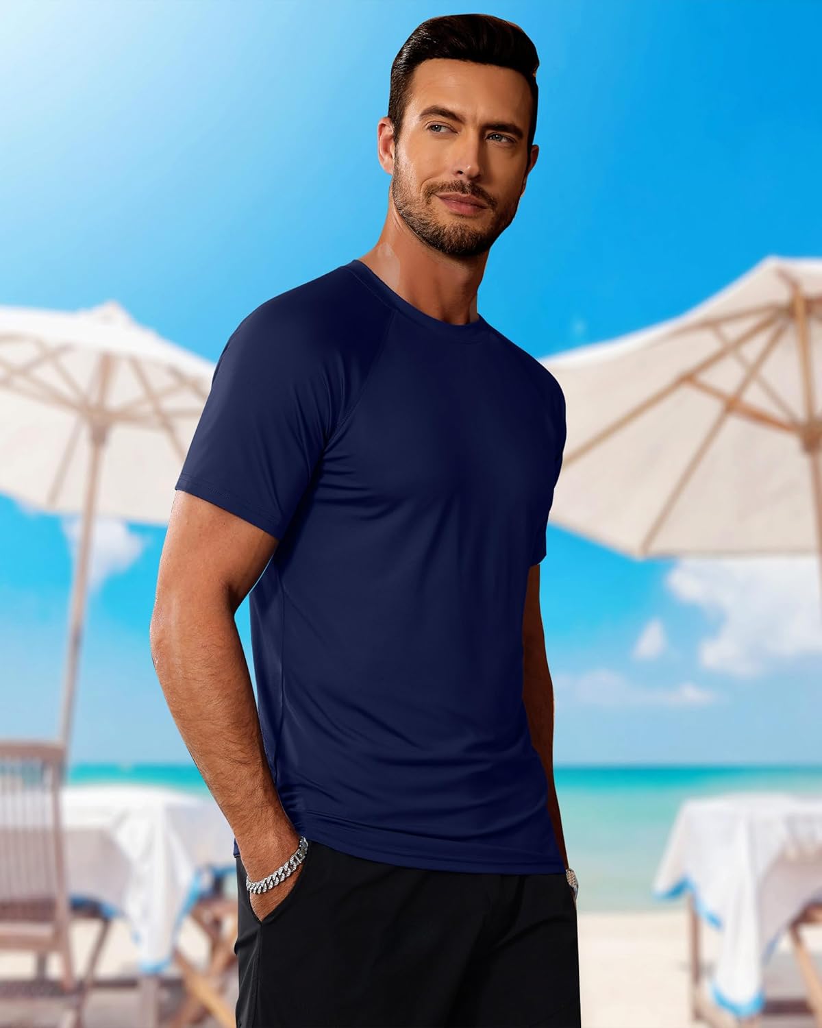 Huukeay 3 Pack Men's Short Sleeve Swim Shirts, UPF 50+ Rash Guard Tees Quick Dry Lightweight Fishing Running Hiking T-Shirts - Image 2