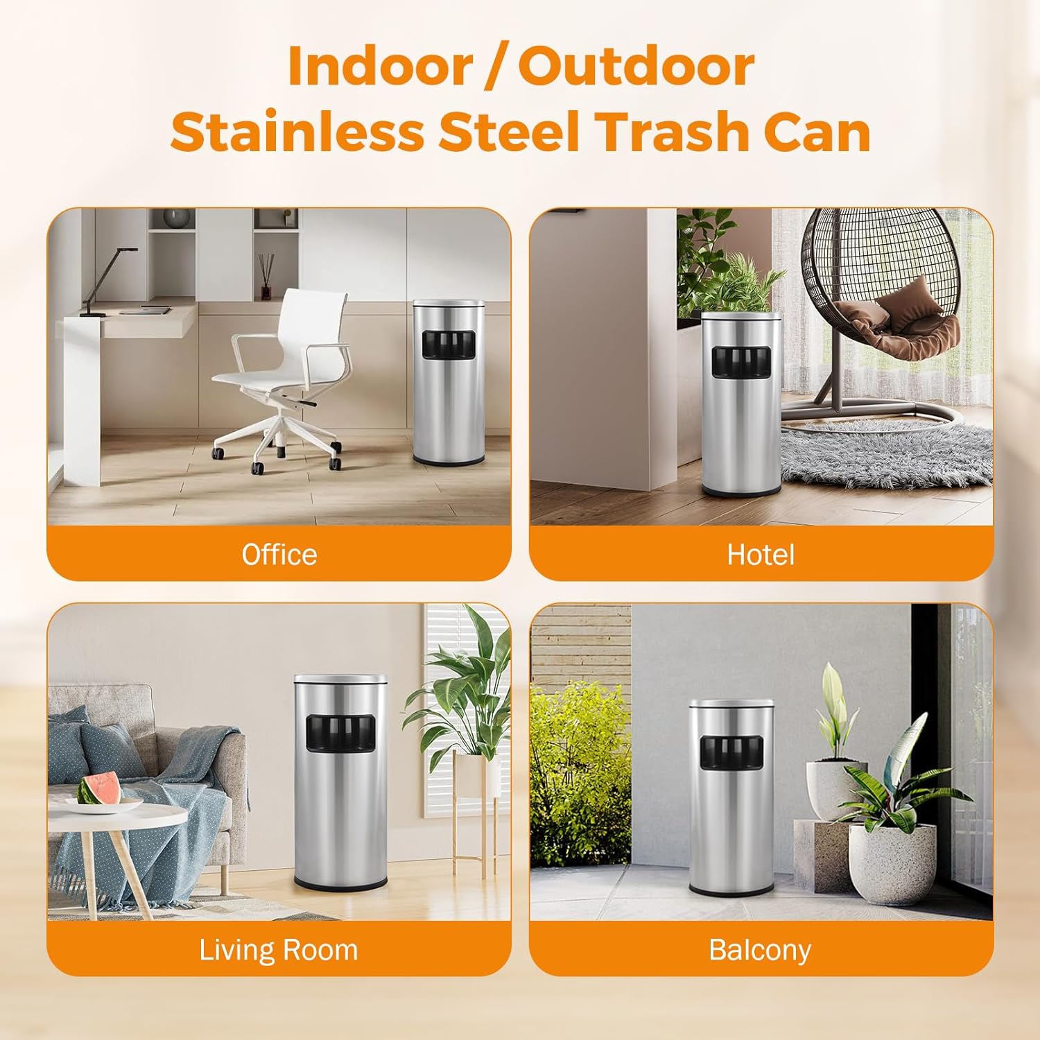 BEAMNOVA Trash Can with Lid Outdoor Indoor Stainless Steel Commercial Garbage Bin Waste Container for Patio Yard Garage with Inside Barrel, Metallic, 12.4 in x 27 in (D * H)