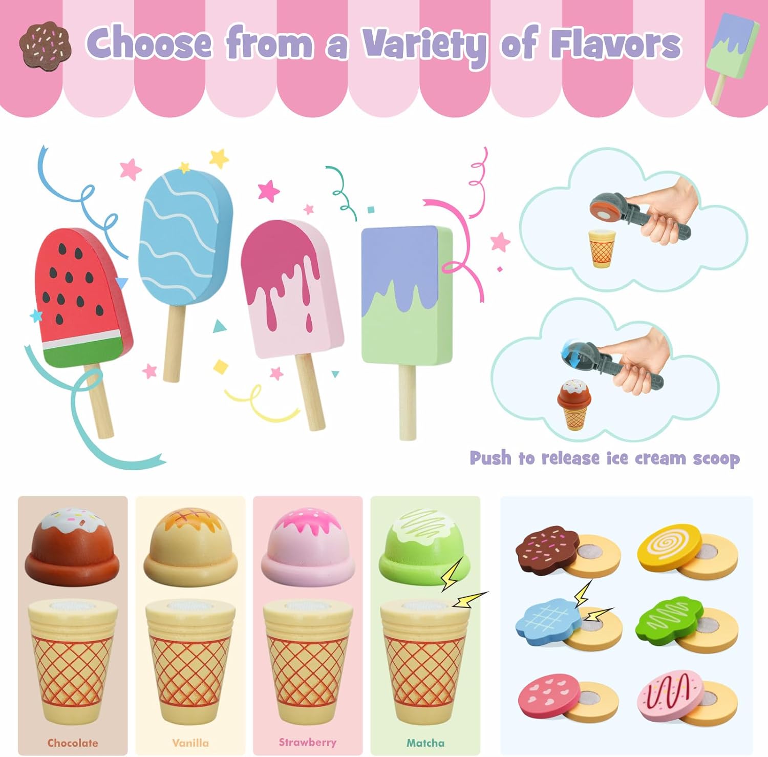 2 in 1 Portable Wooden Ice Cream Toy & Cookie Play Set & Wooden Horse Stable Playset