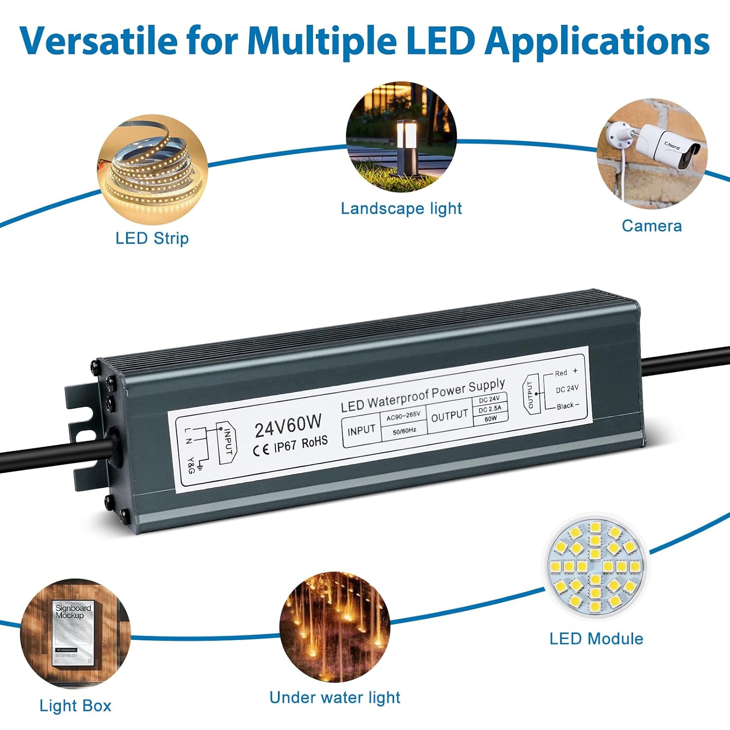 24V 60W LED Power Supply, IP67 Waterproof LED Driver, Low Voltage Transformer, AC 90-265V to DC 24V 2.5A Converter with 3-Prong Plug 3.3 Ft Cable for Outdoor LED Light, Landscape Light, Industrial