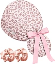 Plifal 100% Cotton Satin-Lined Ponytail Scrub Cap Cute | Adjustable Surgical Cap with Buttons & Sweatband, 2 Scrunchies for Women Nurses