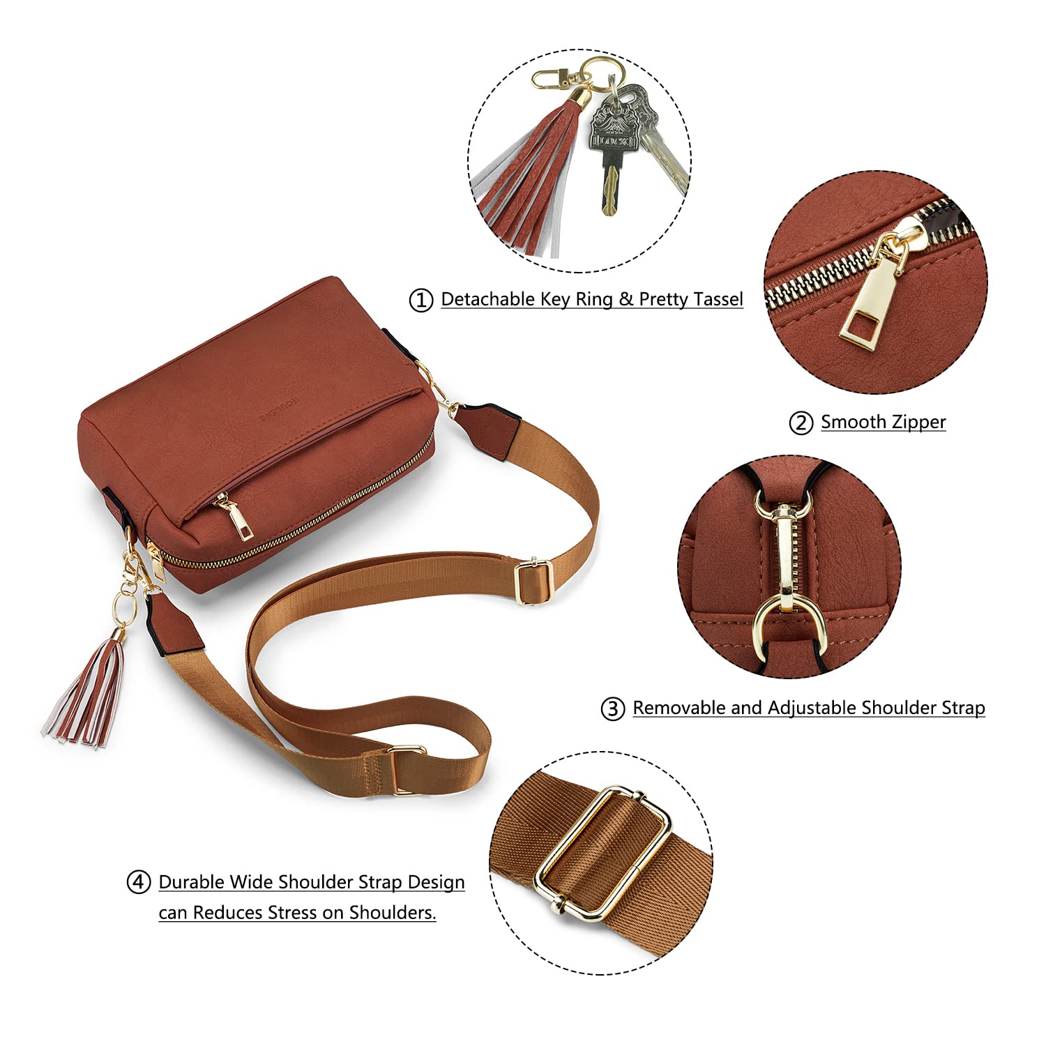 Roulens Piccola Borsa a Tracolla Donna con 3 Scomparti Capienti,Borsa Mano PU Pelle Messenger Crossbody Bag,Borsa a Spalla con Tracolla Ampia Regolabile e Rimovibile