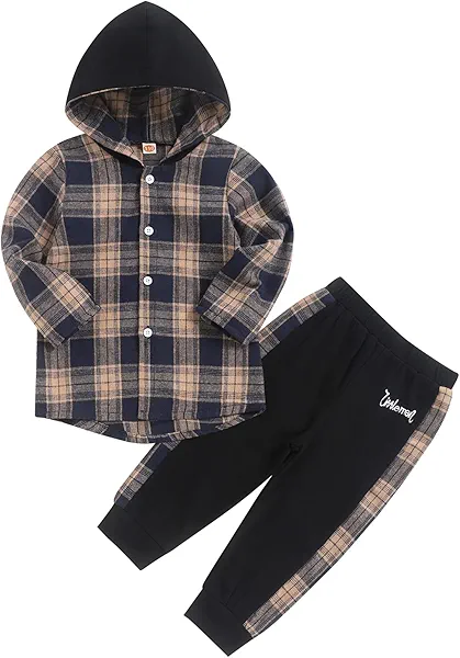 Fuermos Toddler Baby Boys Clothes Flannel Lattice Button Down Hooded Tops +Pants Boys Fall Winter Outfits
