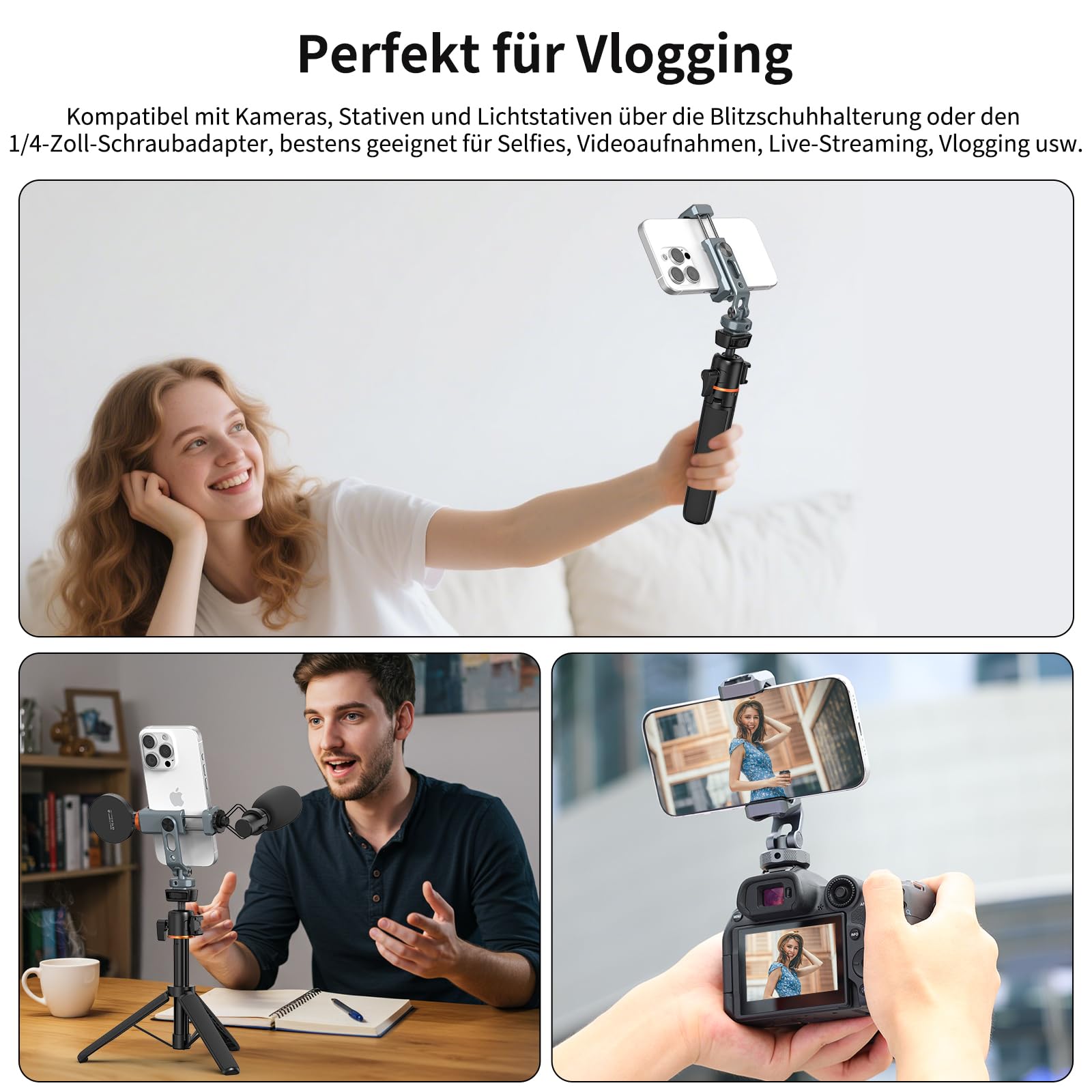 VRIG PH-18 Handyhalterung für Stativ Metall, Auch kompatibel mit Blitzschuh | 360° Drehbarer Handyhalter, 2 Cold Shoe Mount, Kamera Halter für iPhone und Samsung (Blitzschuhadapter & 1/4"-Stativgewinde)
