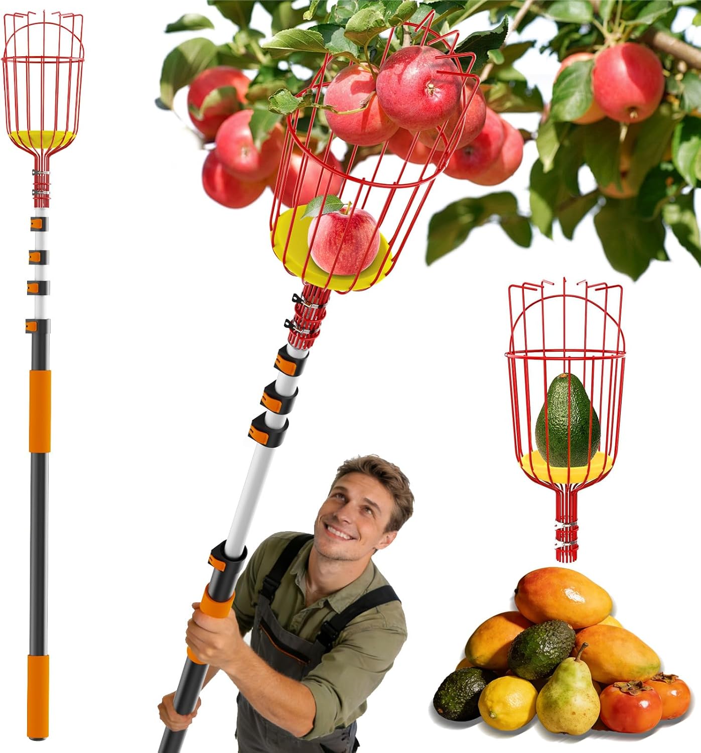 Buyplus 26ft High Reach Fruit Picker with Basket Telescoping, 5-20 Foot Heavy Duty Sturdy Aluminium Telescoping Extension Pole, Easy to Attach Twist-On Metal Basket for Picking Mango Avocado Lemon