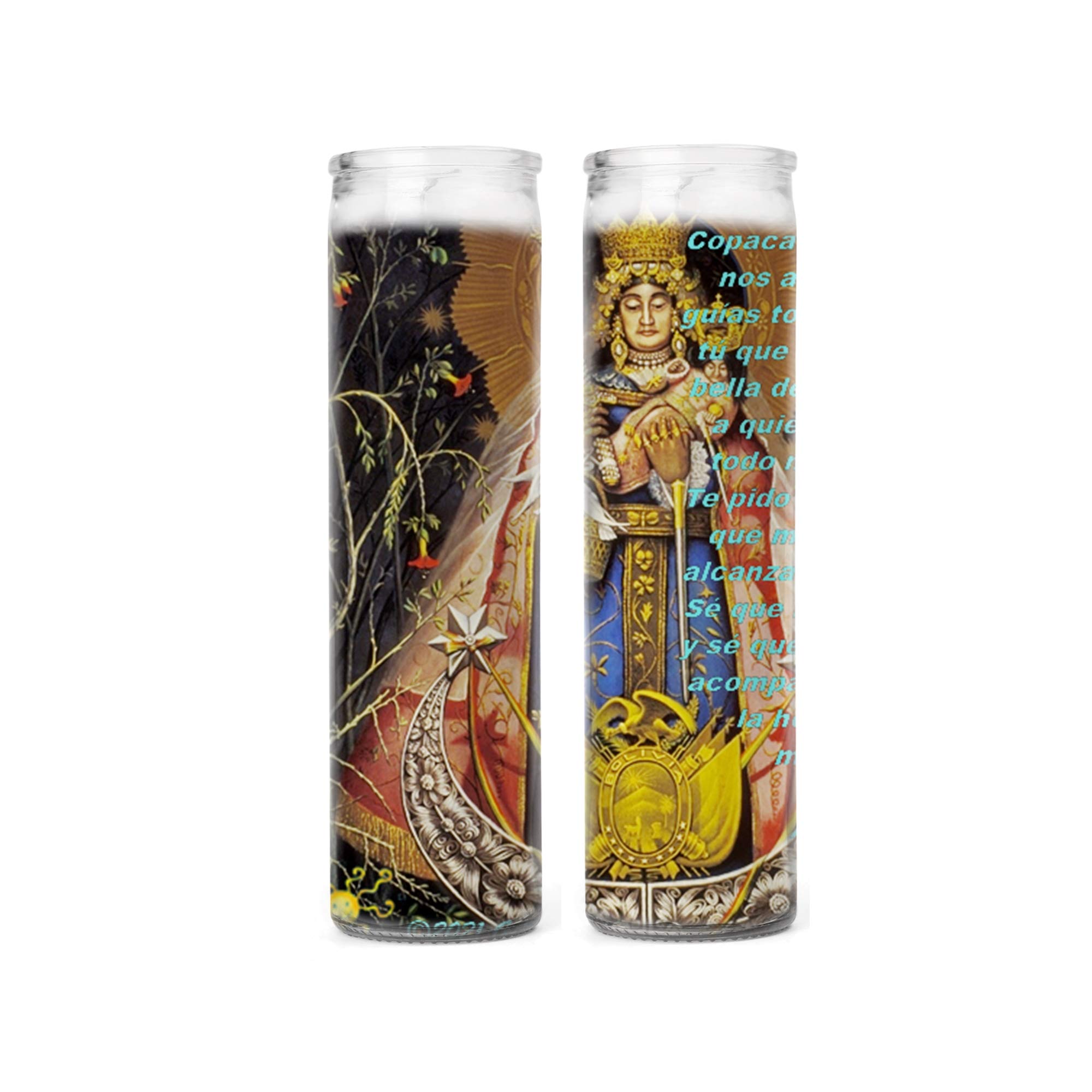 Nuestra Señora de Copacabana La Coyeta Set de 2 0 4 Veladoras de Cristal con Oracion Incluye Postal de Rezo Bendecida por Su Santidad (2 Velas +Posta Rezo)