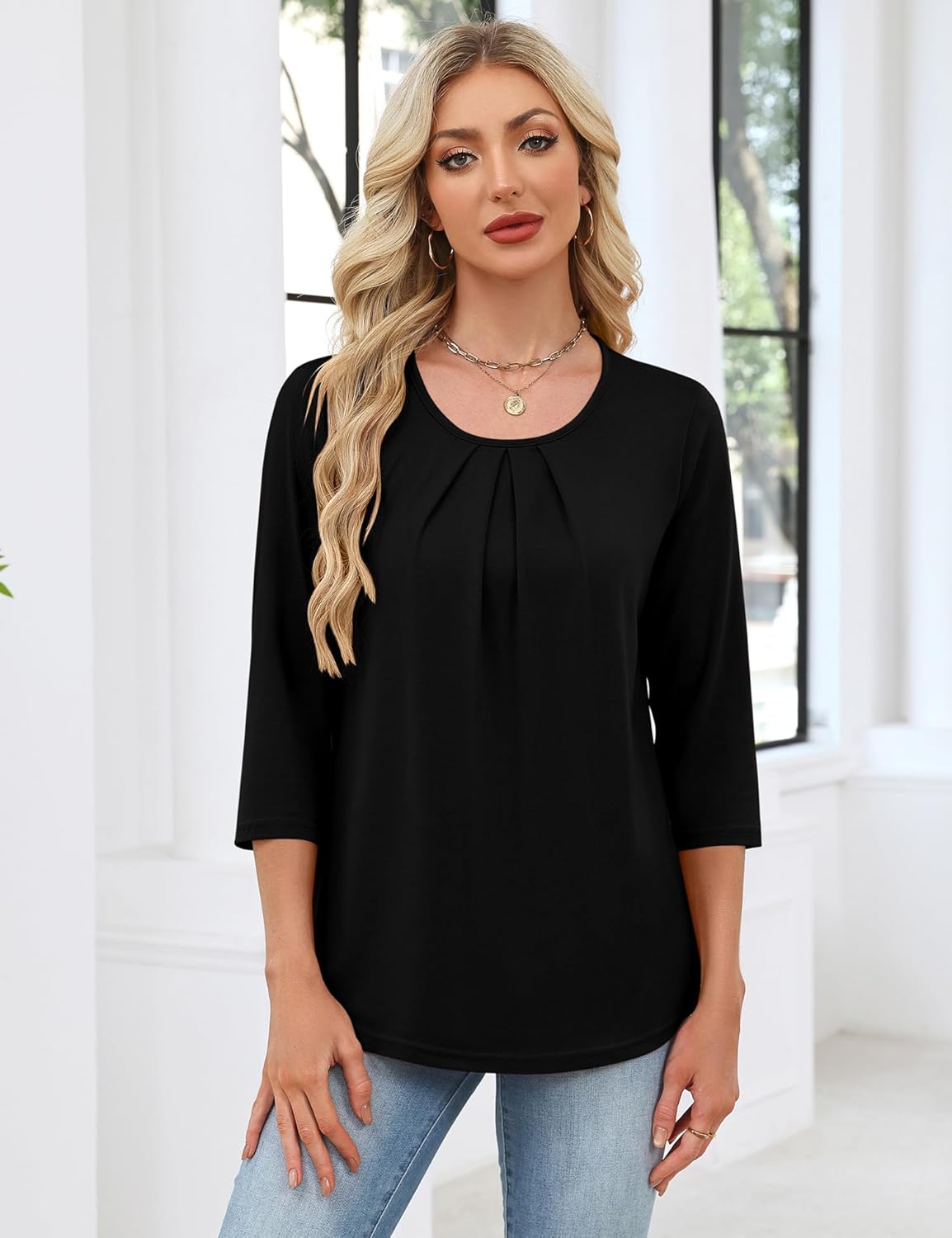 LOMON 3/4 Length Sleeve Womens Tops Summer Casual Pleated Crew Neck Blouses Loose Fit Tunic Shirts - Image 4