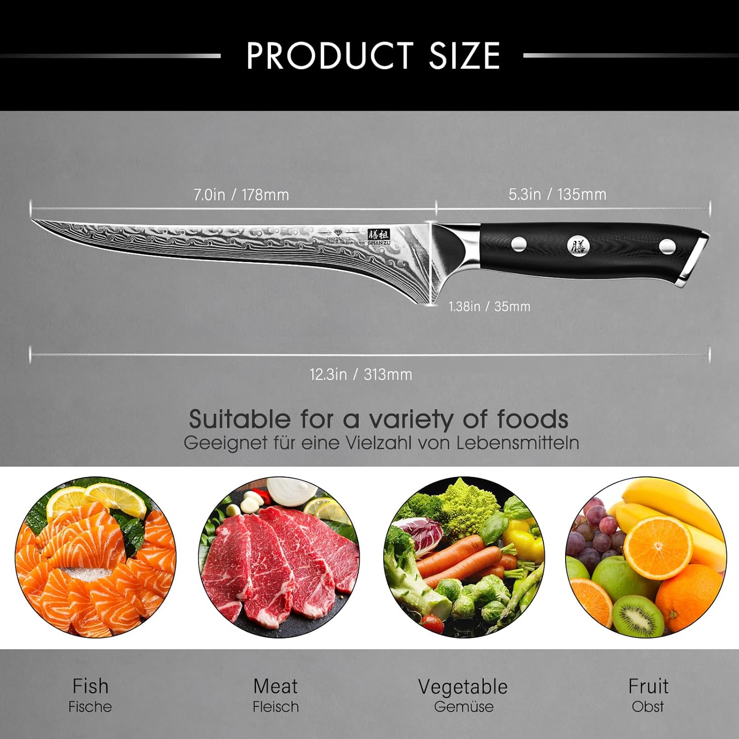 SHAN ZU 7 Inch Fillet Knife, Japanese Steel Damascus Boning Knife, Professional Sharp High Carbon Super Steel Kitchen Utility Knife with Ergonomic G10 Glass Fiber Handle - Image 5