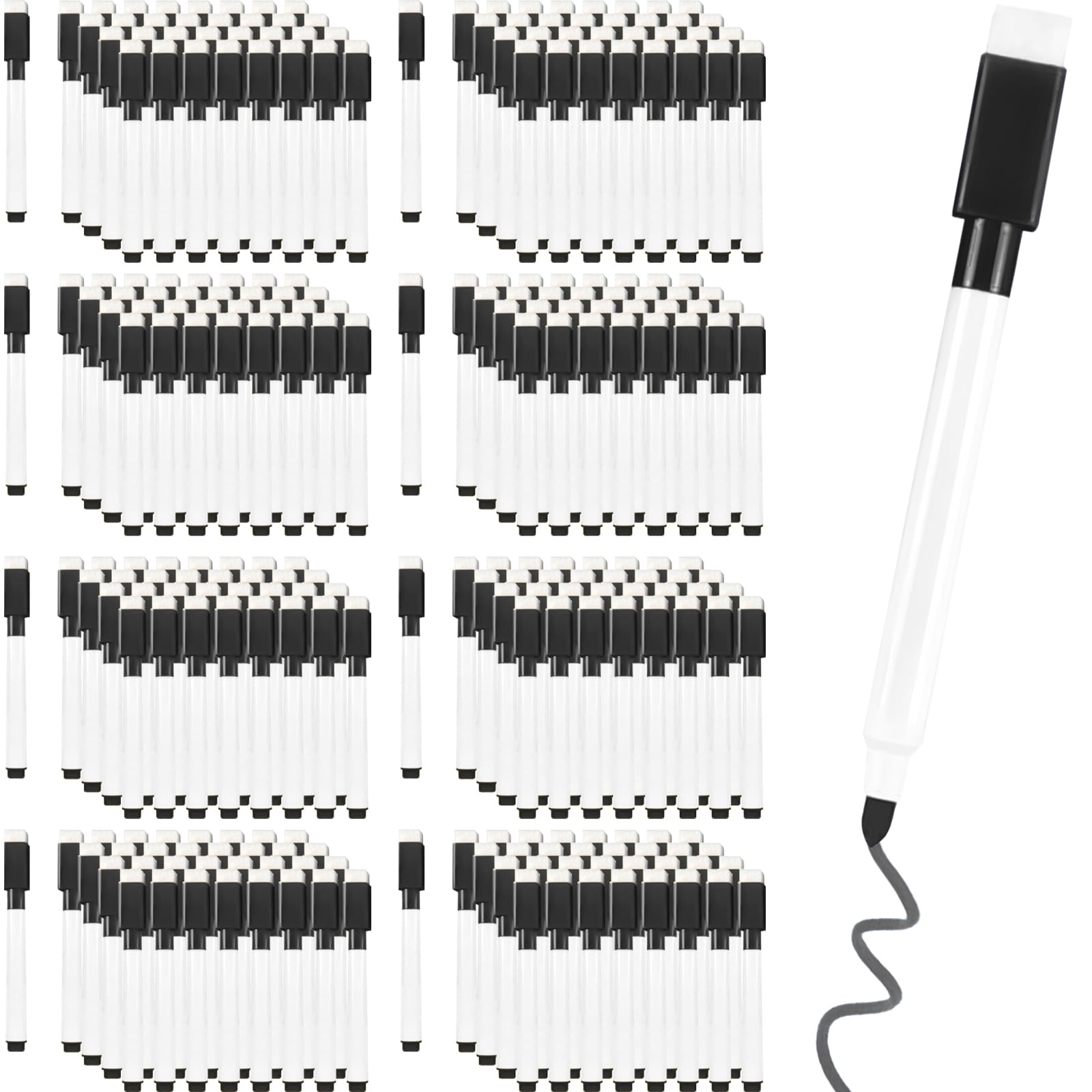 Beieverluck Lot de 200 marqueurs magnétiques effaçables à sec avec capuchon gomme pour tableau blanc - Pour enfants, enseignants, bureau, fournitures scolaires, noir