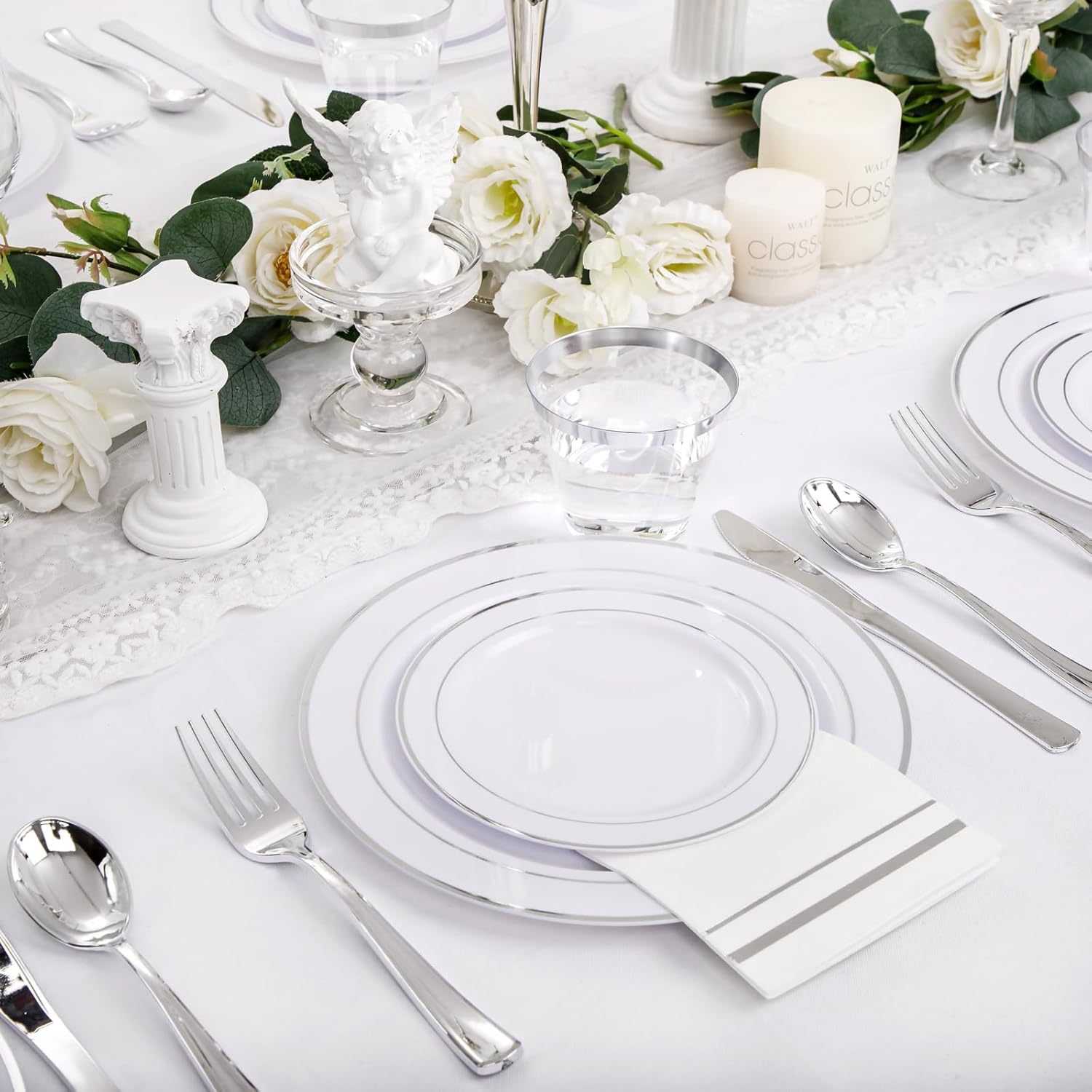 NOCCUR 700PCS Silver Plastic Plates Disposable for 100 Guests - Include 100 Dinner/Dessert White Plastic Plates with Silver Trim,300 Cutlery,100 Cups,100 Napkins for Party&Wedding