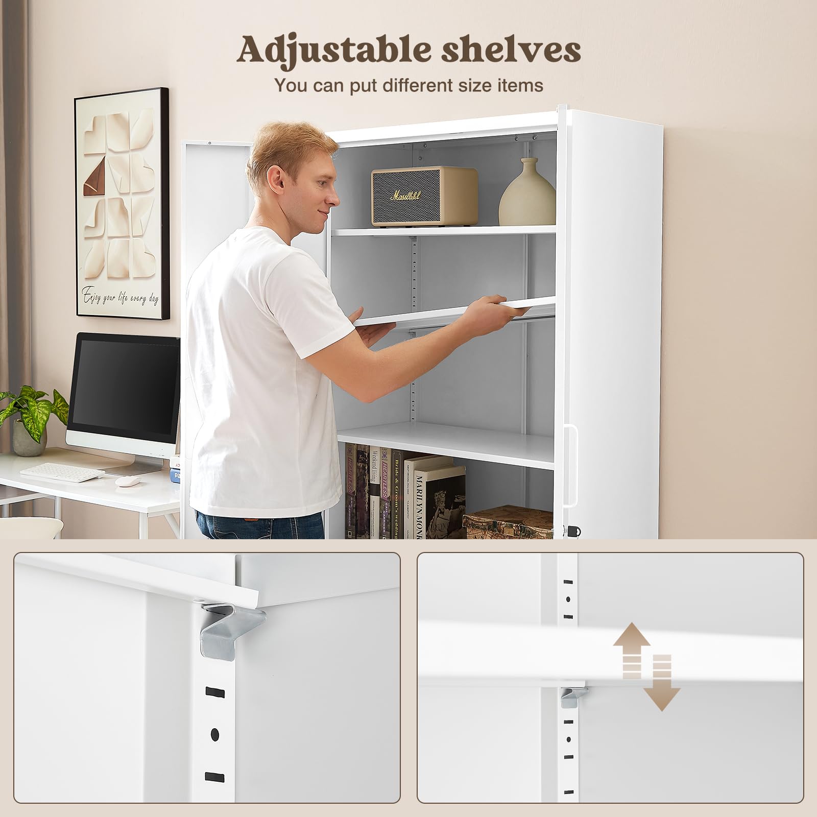 Sightlife Armadio Ufficio in Metallo a 5 Ripiani con 2 Ante, Armadio Garage con Serratura a Chiave, Ripiani Regolabili, L78 x P39 x A170 cm (bianca, 78_x_170_cm)