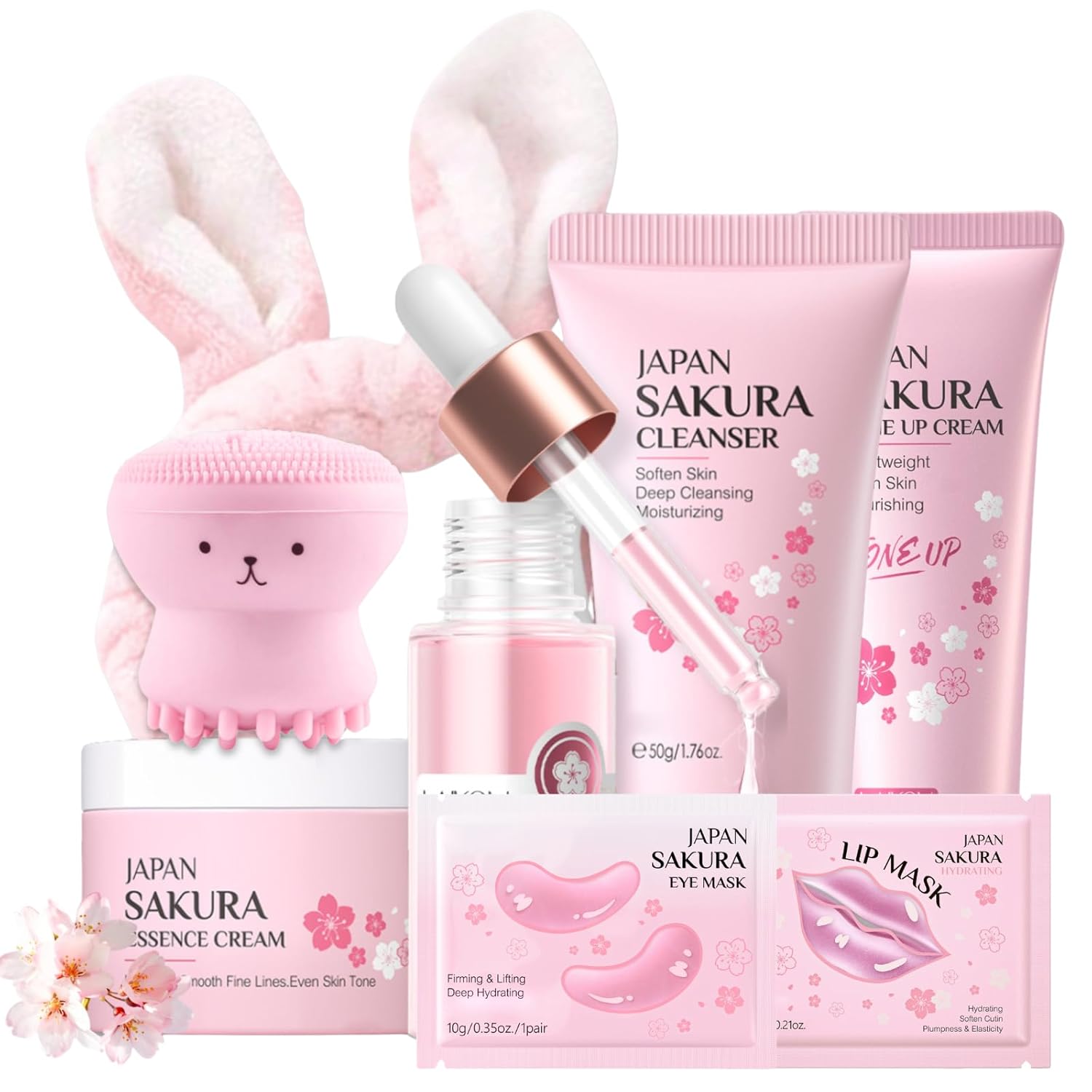 Sakura Skincare Set for Women Teen Girl Gifts – Skin Care Set Travel Size – Skincare for Girls 10-12 Hydrating – Birthday Gift Set face kit with Cleanser,Serum,Cream,Toner Up Cream,Eye & Lip Mask,8PCS